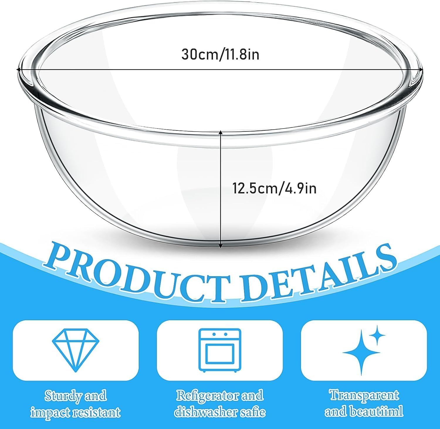 6 Quart Glass Mixing Bowls, Large Glass Salad Serving Bowl, Clear Salad Cooking Bowls for Kitchen Baking, Prepping Serving, Storage and Microwave Safe