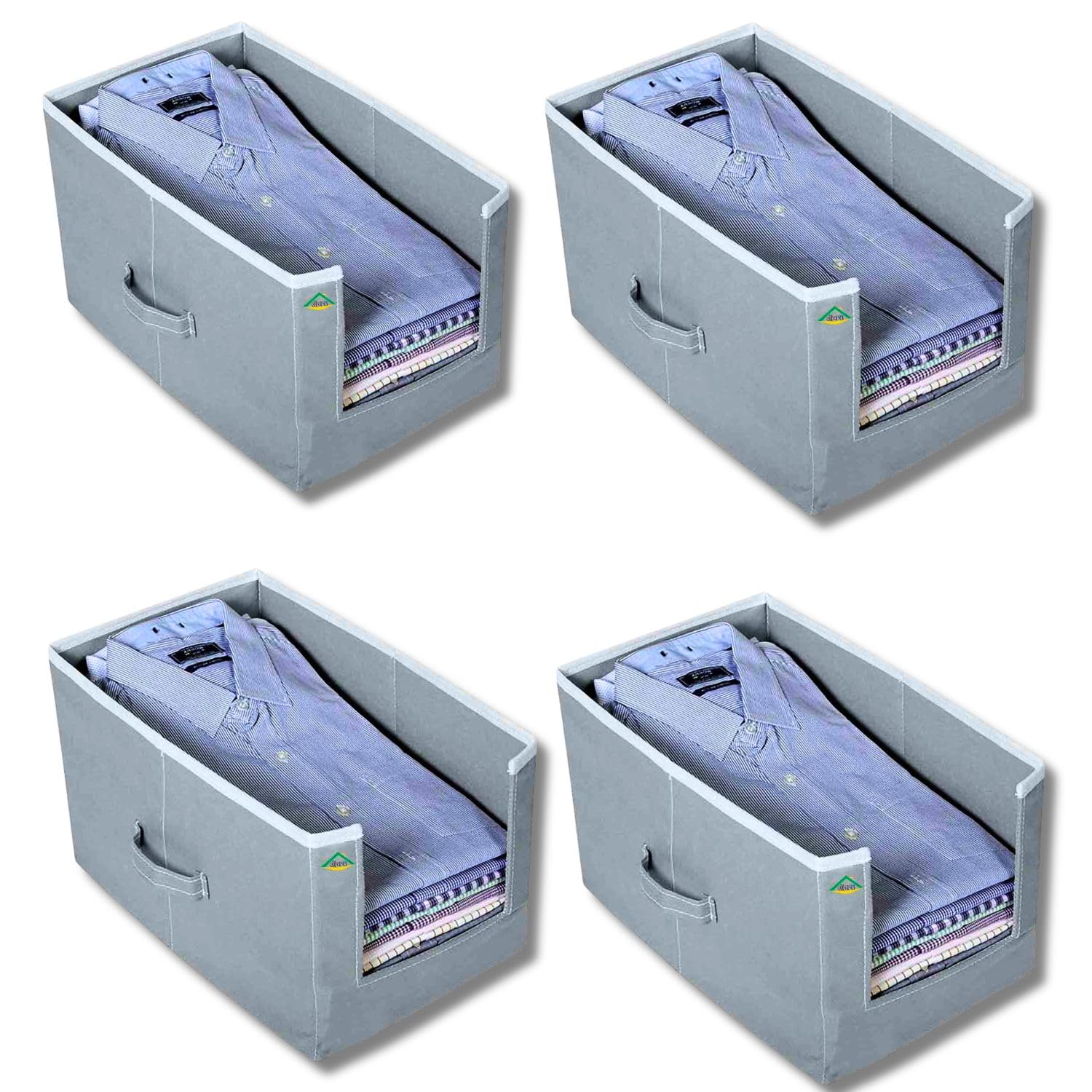 Storage Bins Shirt Stacker, Non Woven Material,Wardrobe Organizer Box Size 40 x 24 x 25 Cm, Pack of 4 (Grey)