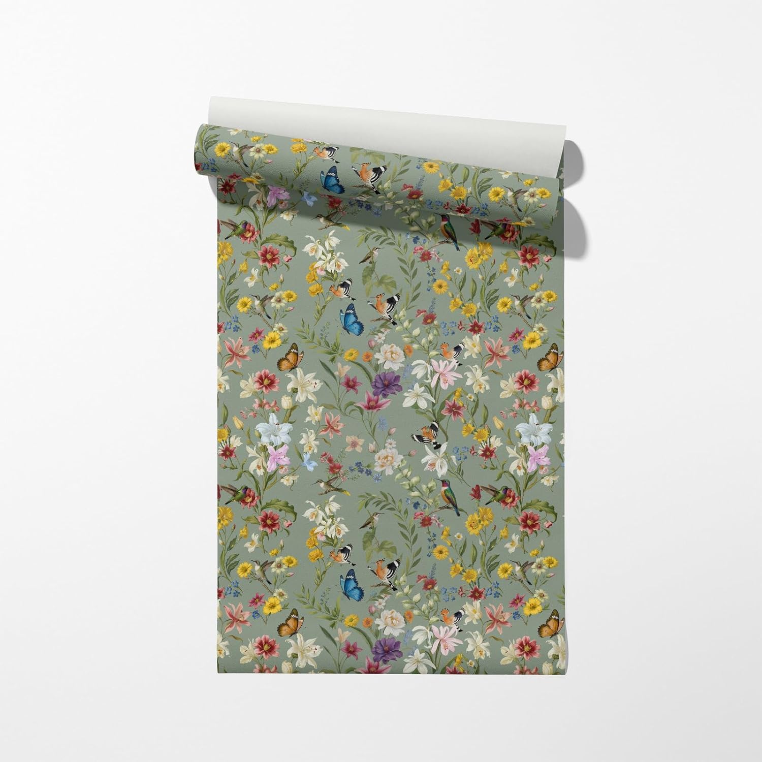 Self-Adhesive Peel and Stick Wall Mural | Floral & Bird Design with Tropical Green Background | Removable Canvas Wallpaper for Living Room, Bedroom, Office (D, W182'' x H120'')
