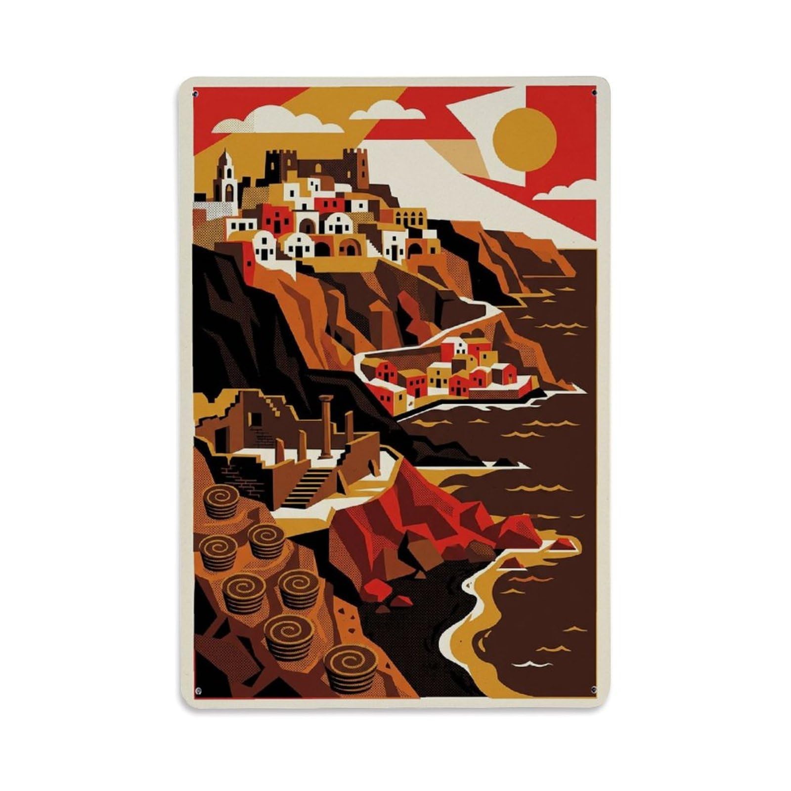 Santorini Sunset Village Caldera Cyclades Aegean Travel Metal Tin Sign Plaque Wall Decor for Cafe, Man Cave, Club Bar, Office, Home Garden Round Metal Poster 8x12Inch