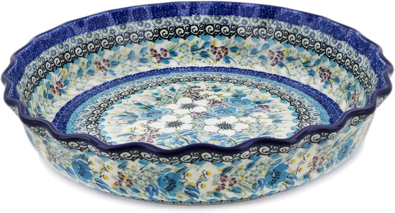 Polmedia Polish Pottery Fluted Pie Dish UNIKAT - Solstice Bloom Pattern Handmade in Boleslawiec Poland by Ceramika Artystyczna + Certificate of Authenticity