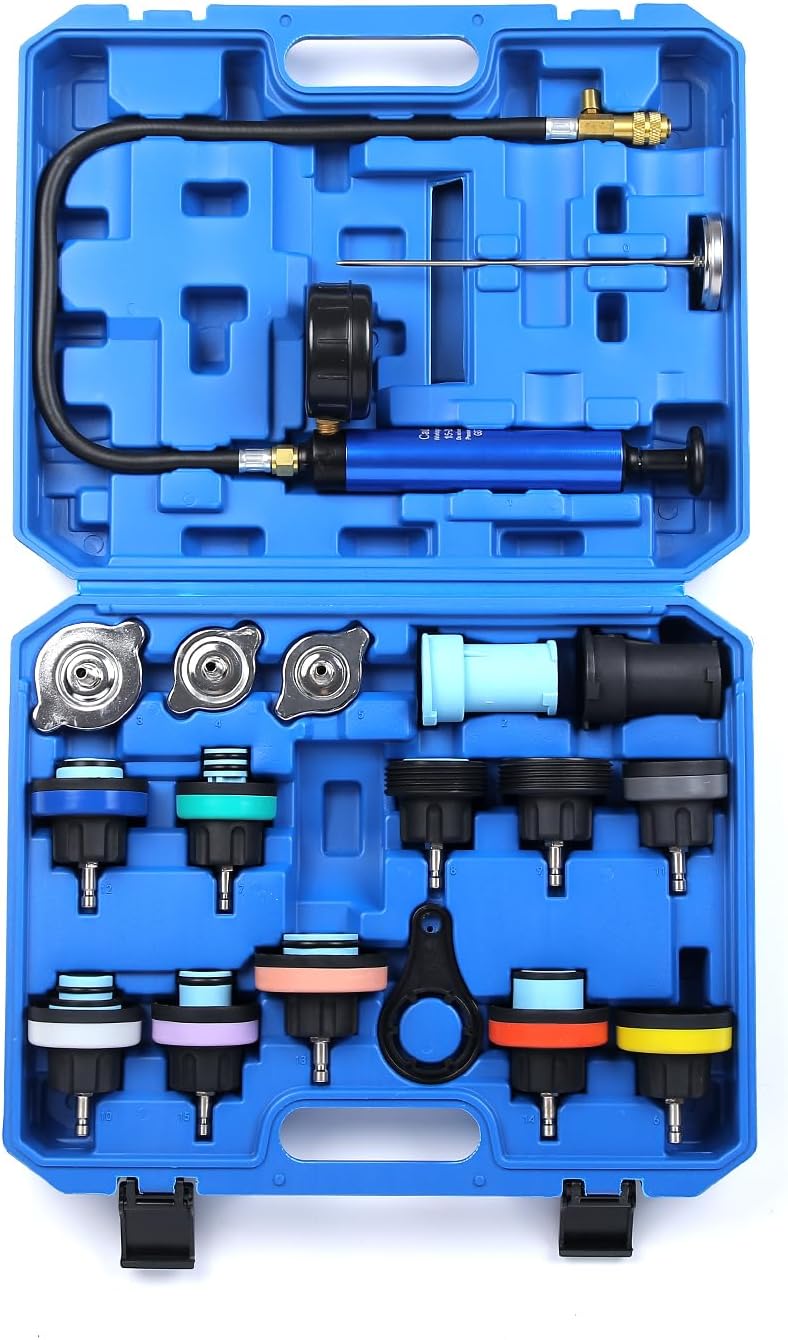 18pcs Universal Radiator Pressure Tester Kit, Coolant Vacuum Refill kit，Coolant Pressure Tester Kit with Manual Pump and Color-Coded Test Caps (red)