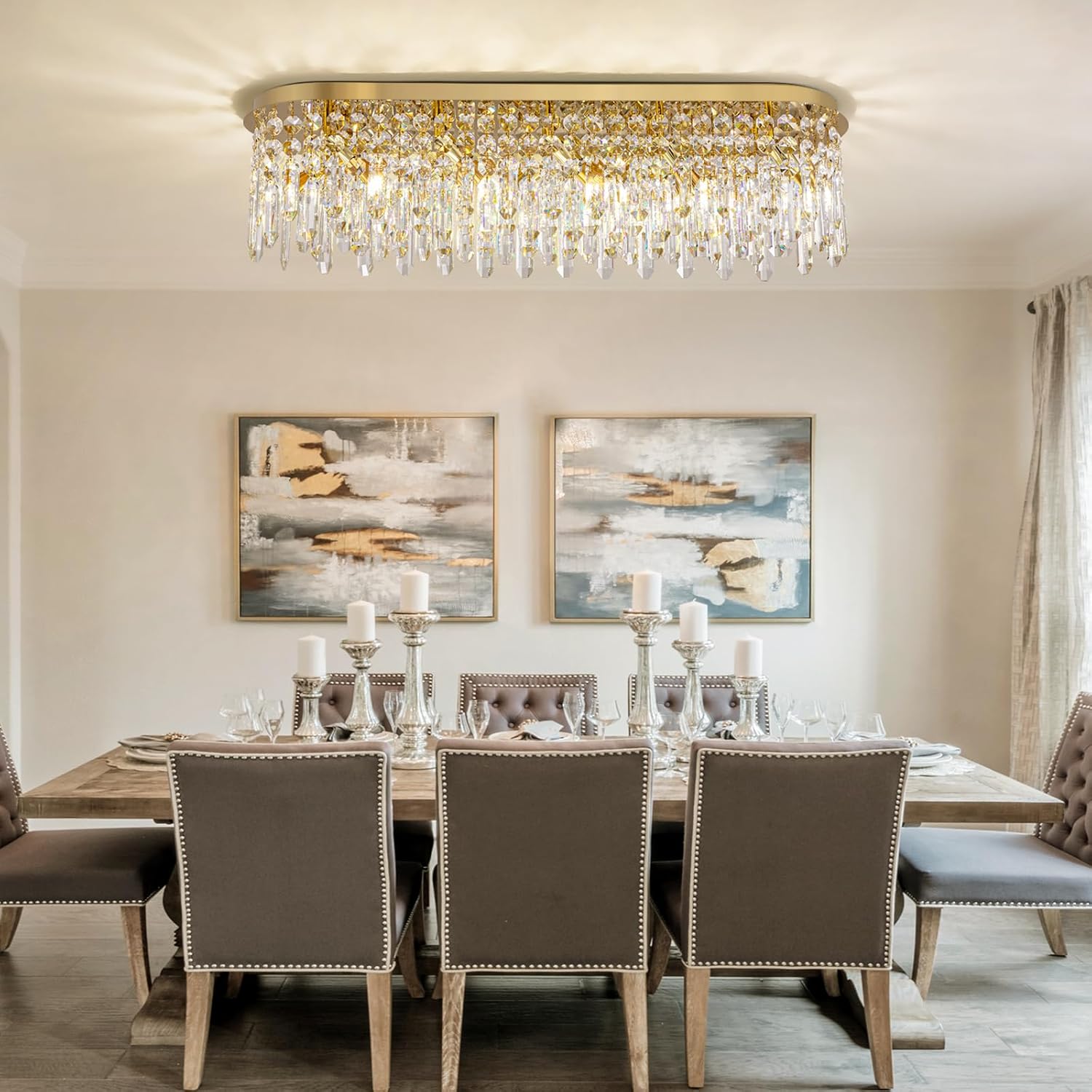 Siljoy 10-Light Modern Crystal Chandelier, Luxury Gold Oval K9 Crystal Raindrop Chandelier, Dimmable Flush Mount Crystal Ceiling Light for Living Dining Room Kitchen Island, L40'' x W11'' x H11''