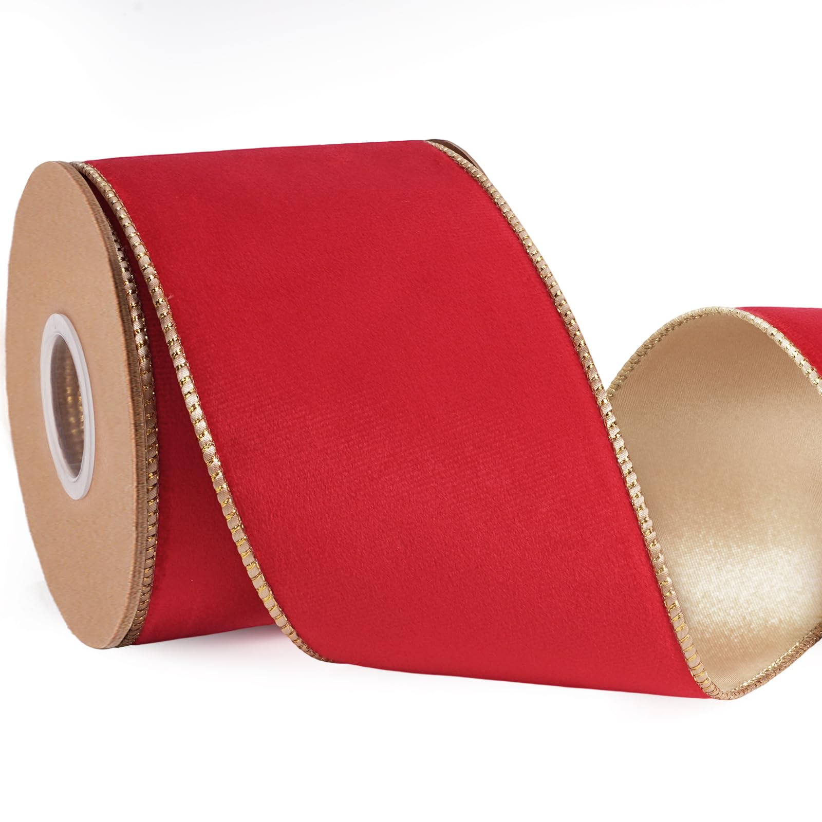 LaRibbons Red Velvet Wired Ribbon, Gold Edge, Gold Satin Back, 4 Inch