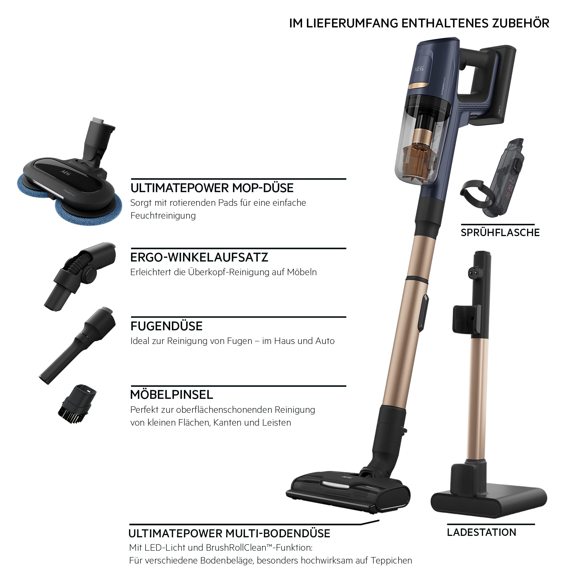 AEG HYGIENIC 8000 AP81B25WET Akku Staubsauger mit Wischfunktion/Automatik / 5-Stufen Filtration/Digitale Anzeige/Multi-Bodendüse & Mop-Düse / 3 Stufen/Akku wechselbar/Zubehör / 400ml / blau