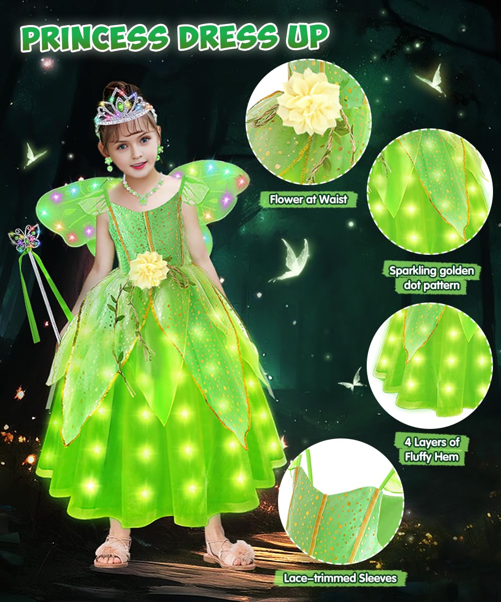 Tinkerbell Costume Kids, Light Up Princess Dress Up for Girls,Tinkerbell Fancy Dress with Butterfly Wings - Image 3