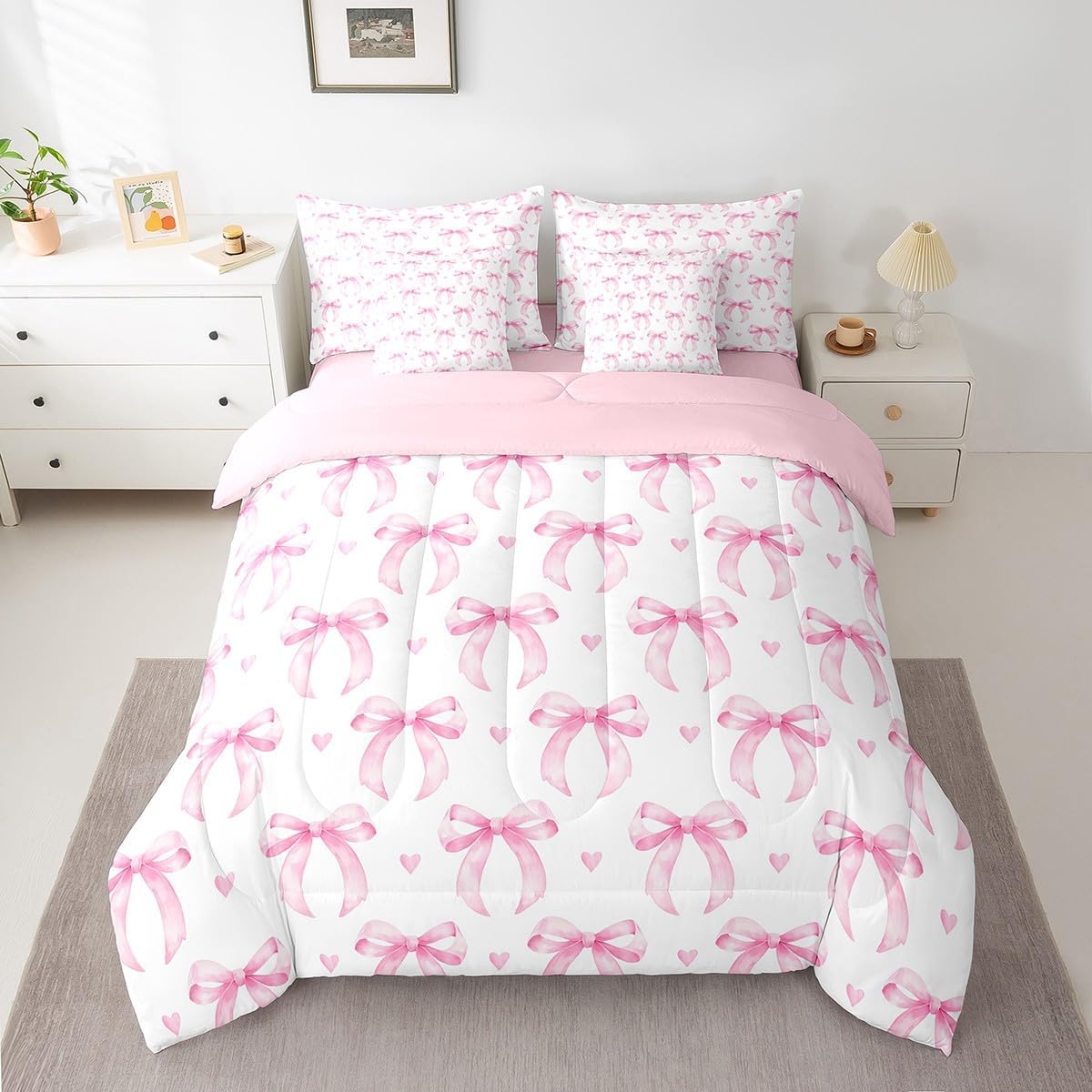 7 Pieces Cartoon Cherry Bowknot Kids Comforter Twin,Western Cowgirl Boots Rustic Bedding Set,Stars Bow Tie Princess Pink Romantic（Comforter+Fitted+Flat Sheet+2 Pillowcases+2 Throw Pillow Covers）