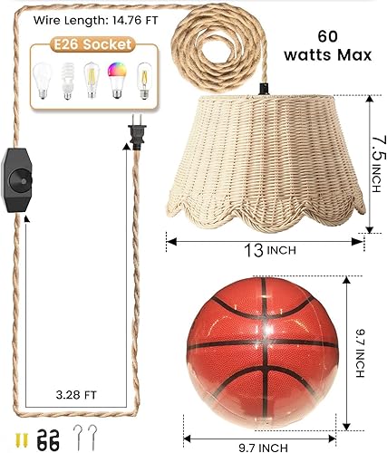 Miniatura 4 de Lámpara colgante festoneada enchufable, luces colgantes de ratán con cable de enchufe de cuerda de cáñamo de 15 pies, interruptor regulable,