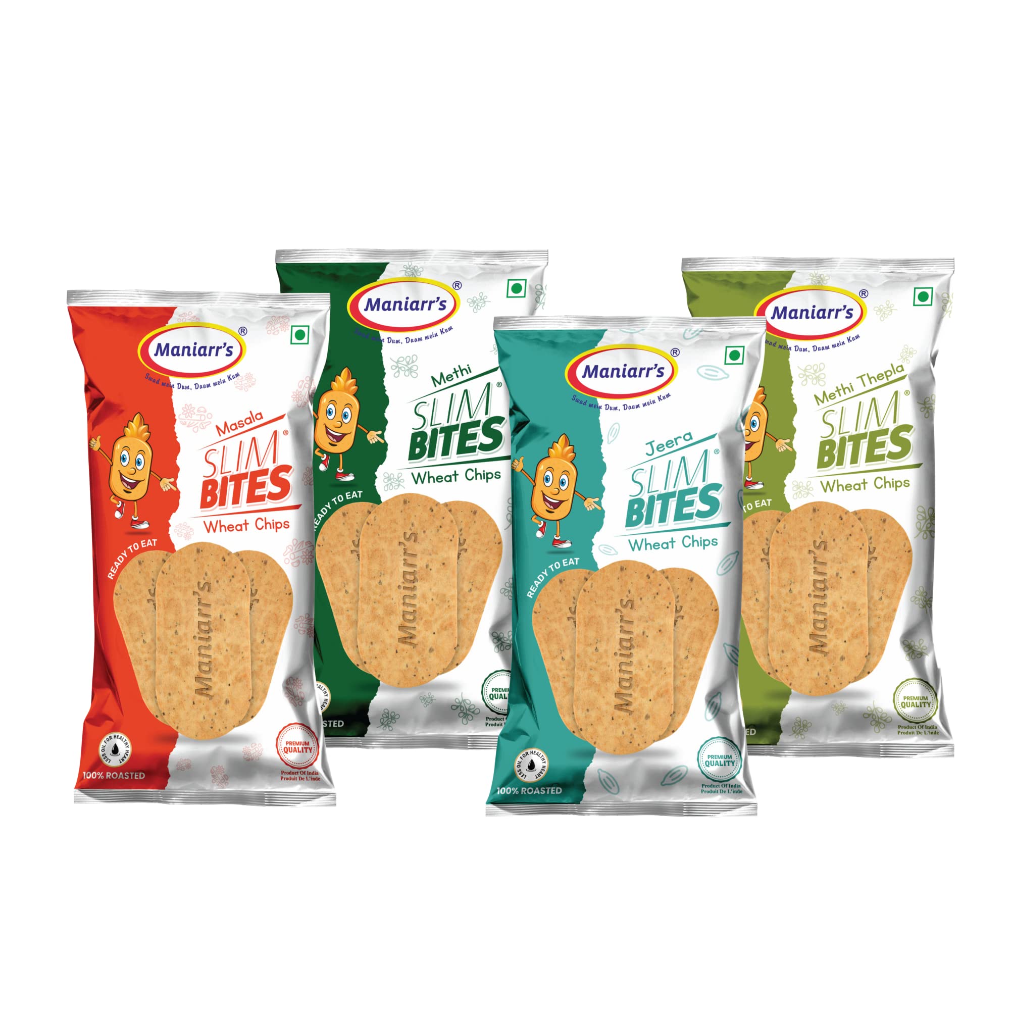 Maniarr's Plain Slim Bites Traditional Khakhra 4 Flavors (Combo Pack of 8), 480 Grams Wheat Khakhara, Healthy & Crispy, 100% Natural Ingredient, Low Carb Snack