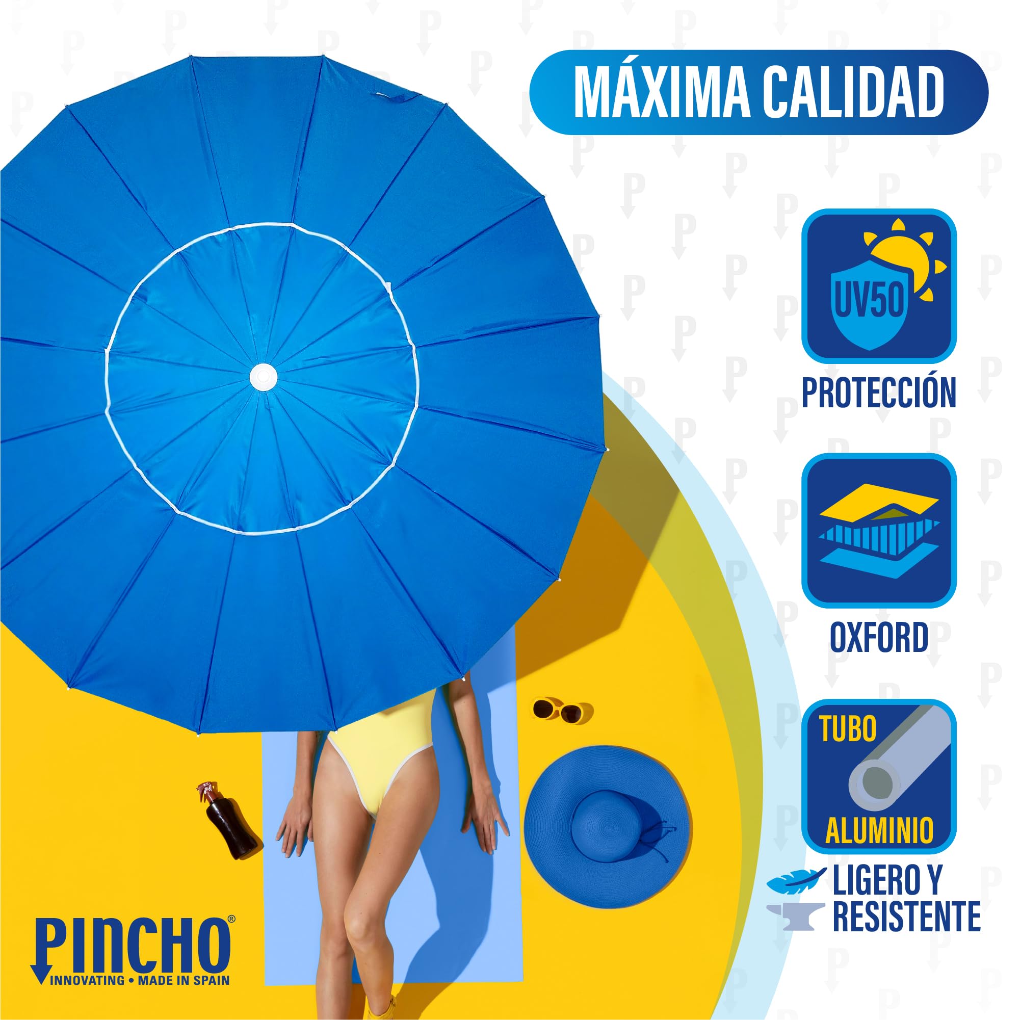 Pincho Sombrilla Playa Grande 240 Cm, Antiviento Hasta 35Km/H, Proteccion UV 50, Tubo Aluminio, 16 Varillas Fibra Vidrio, Palo Reclinable, Sombrilla Plegable Playa, Ligera, Bolsa Transporte