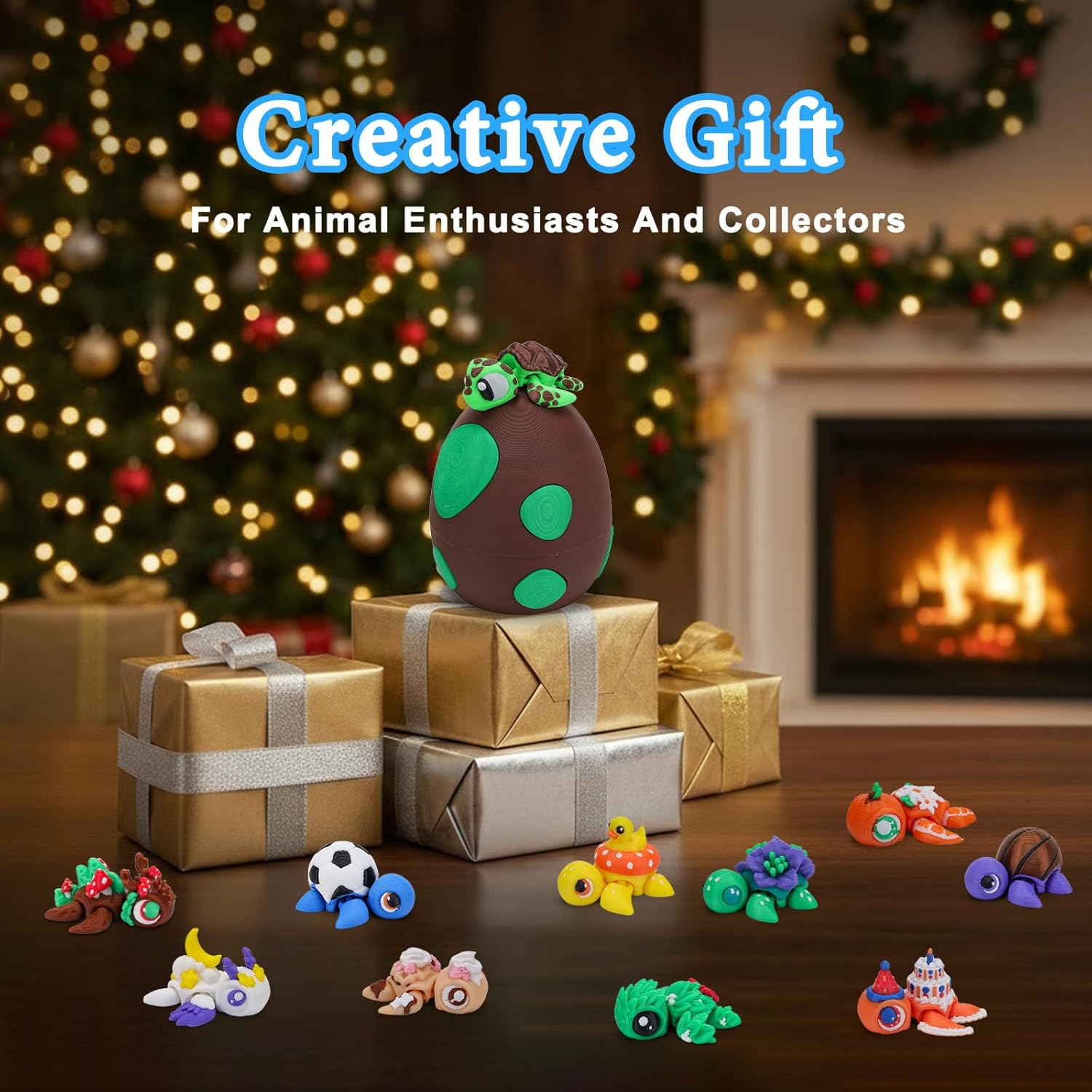 3D Printed Mini Animals with Dragon Eggs Set, 3D Printed Fidget Toys Bulk, Articulated Animals Figurines Adults Desk Decor, Pocket Pet, Easter Basket Stuffers (Sea Turtle)
