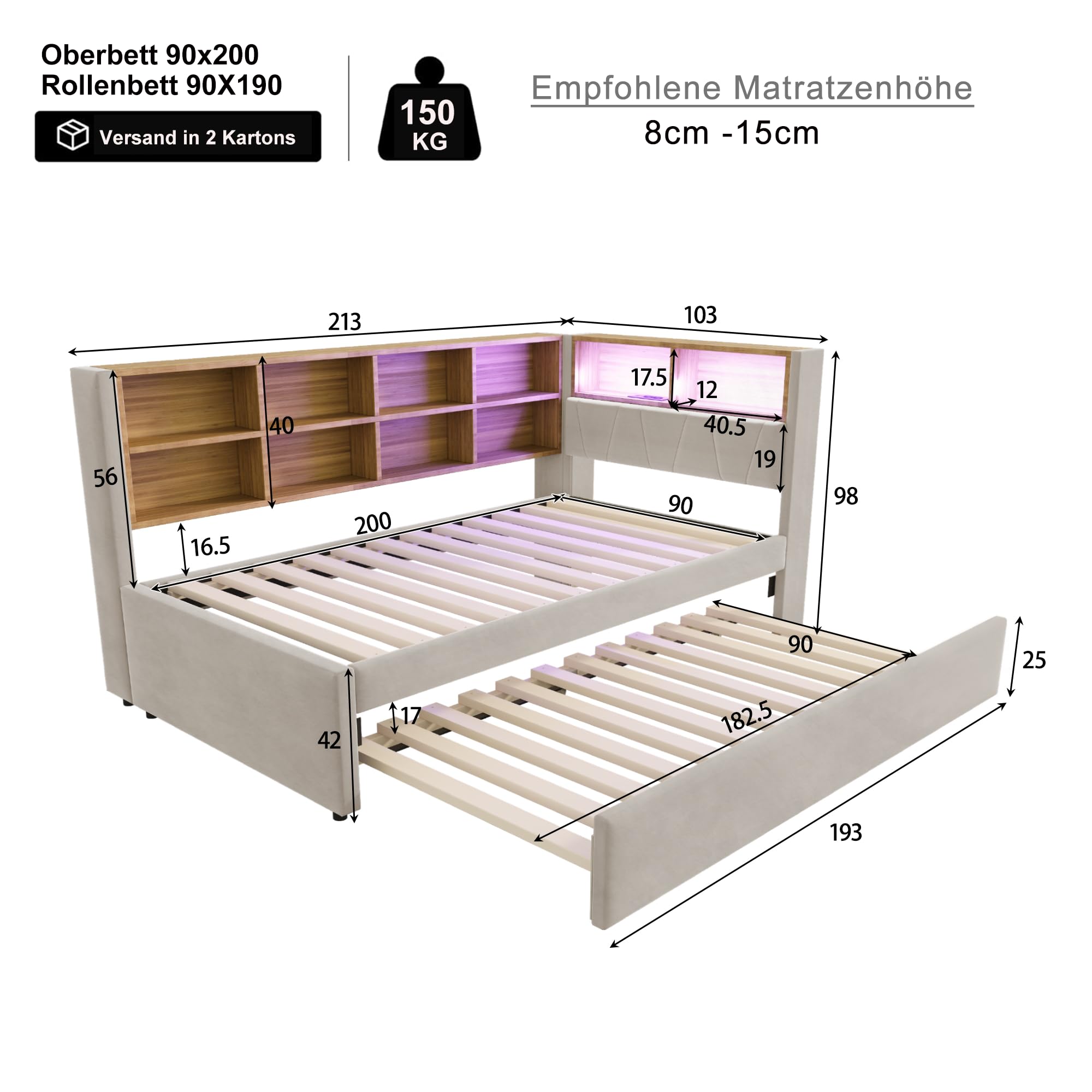 Tagesbett Schlafsofa 90x200 cm, Polsterbett Multifunktionsbett mit Ausziehbarem Bett 90x190 cm&USB-Steckdose&LED Leuchten& Mehreren Ablagefächern, Einzelbett mit Lattenrost, Ohne Matratze, Hellgrau