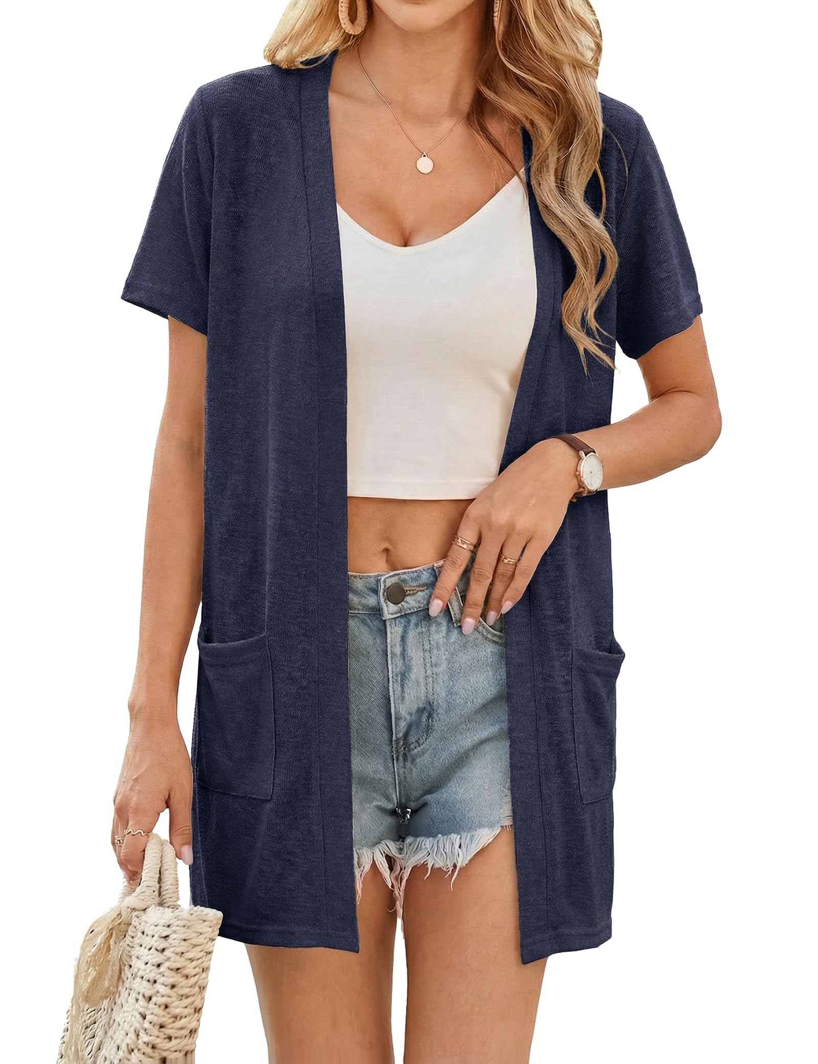 Totatuit Kimono Damen Strand Leichte Sommer Cardigan Kurzarm Strickjacke Dünn Bikini Cover Up mit Taschen
