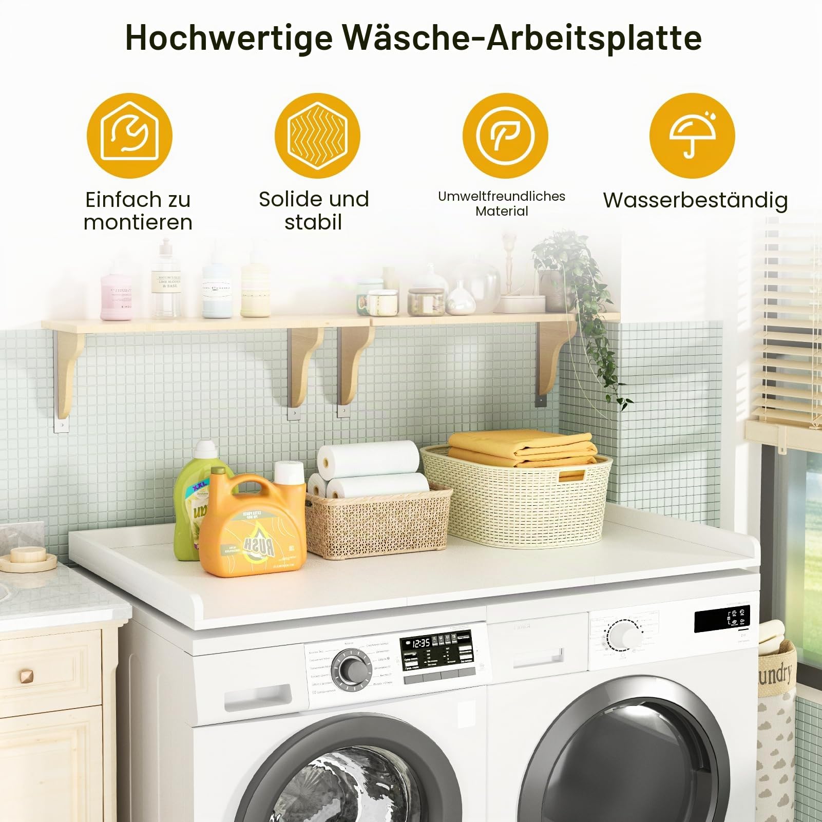 Ulif Arbeitsplatte für Waschmaschine und Trockner, Melamin-Oberfläche für Waschküche, Aufbewahrung und Organisation, 69,8 cm B x 137,2 cm L x 6,6 cm H, Weiß