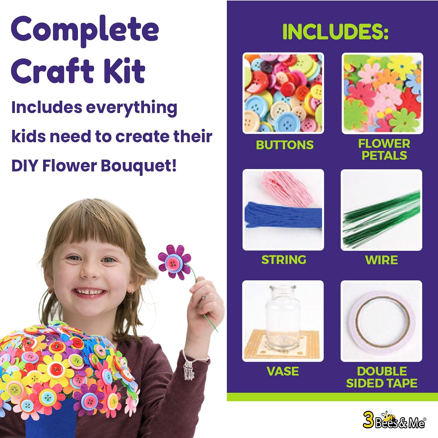 3 Bees & Me Flower Crafts Activity Kit for Kids | Fun DIY Arts Project for Girls and Boys | Perfect Birthday, Thanksgiving and Christmas Gift Idea for Children and Tweens Ages 4-12 Years Old and Up