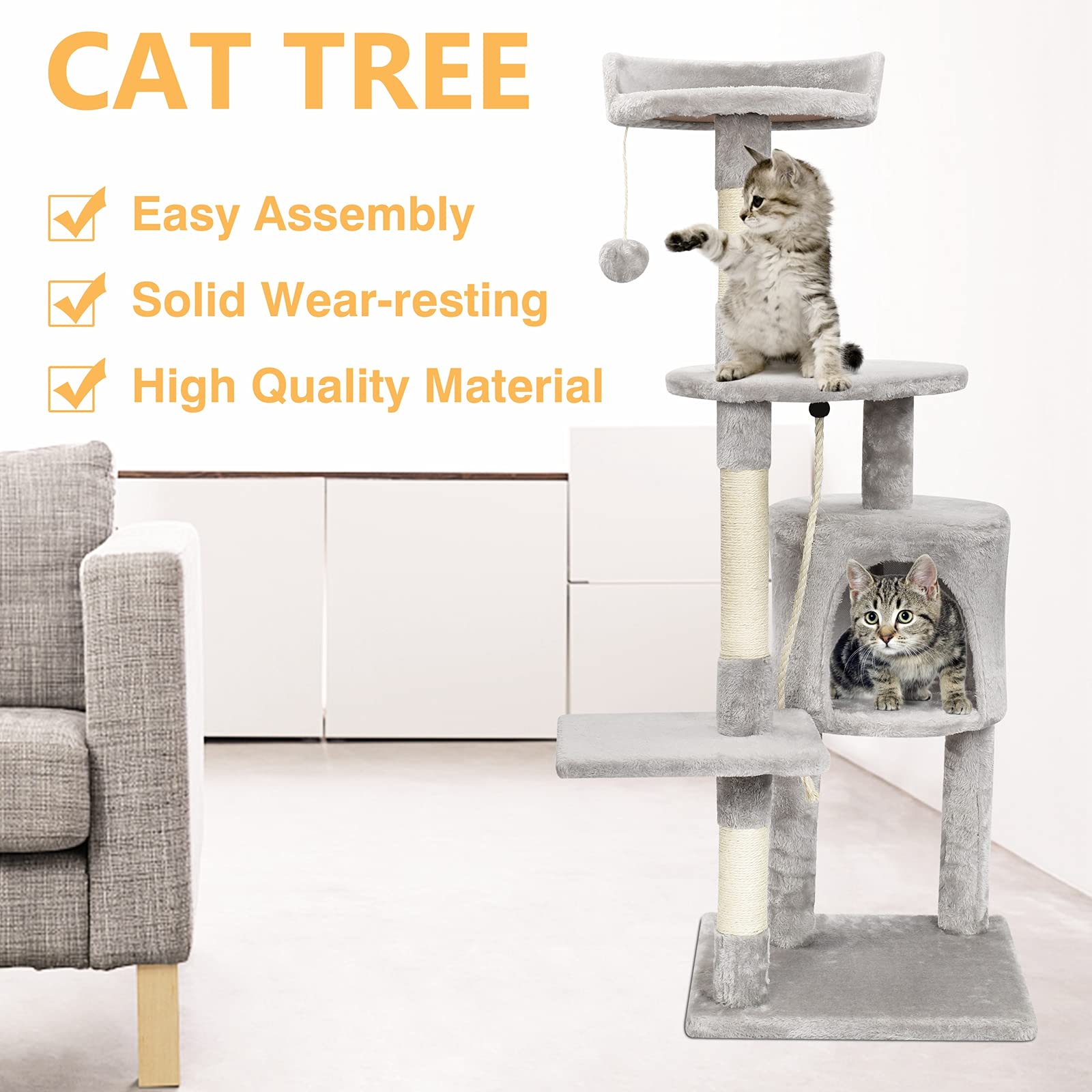 Albero tiragraffi per gatti altezza 112 cm – grotta per lettino, superfici di appoggio, scala e tronchi in sisal, stabile albero da arrampicata per gatti (grigio)