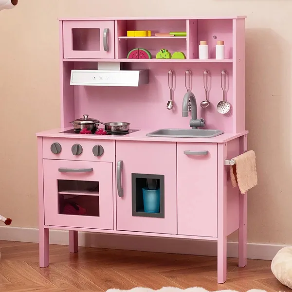 HONEY JOY Kids Kitchen Playset, Wooden Play Kitchen for Toddlers, Microwave, Range Hood, Ice Maker, 18 Cooking Accessories, Little Chef Pretend Play Toy Kitchen Set, Gift for Boys Girls, Pink