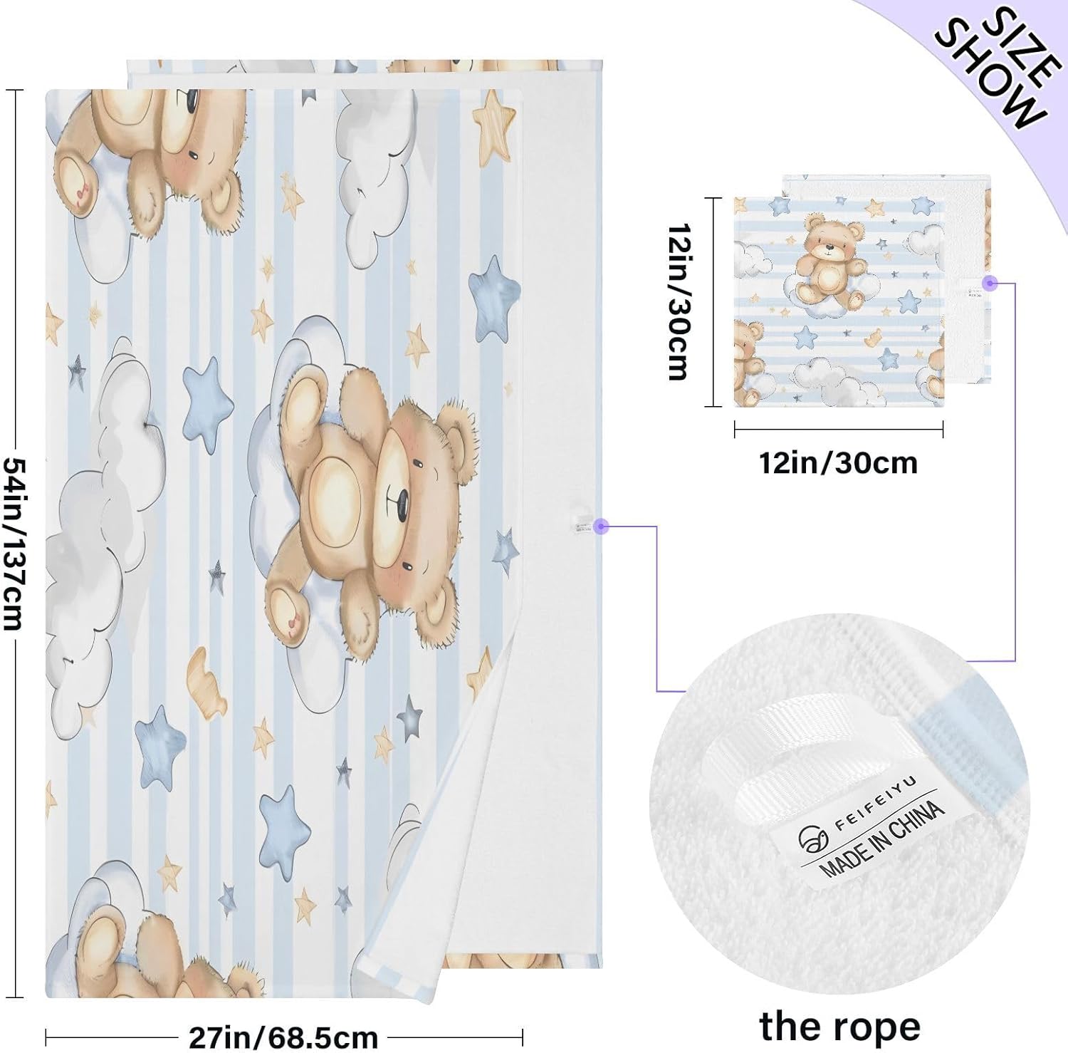 Hand Towels Premium Soft and Highly Absorbent Bear with Clouds Stars 2 Pcs Towels for Bathroom Set 100% Cotton Decorative Face Towels