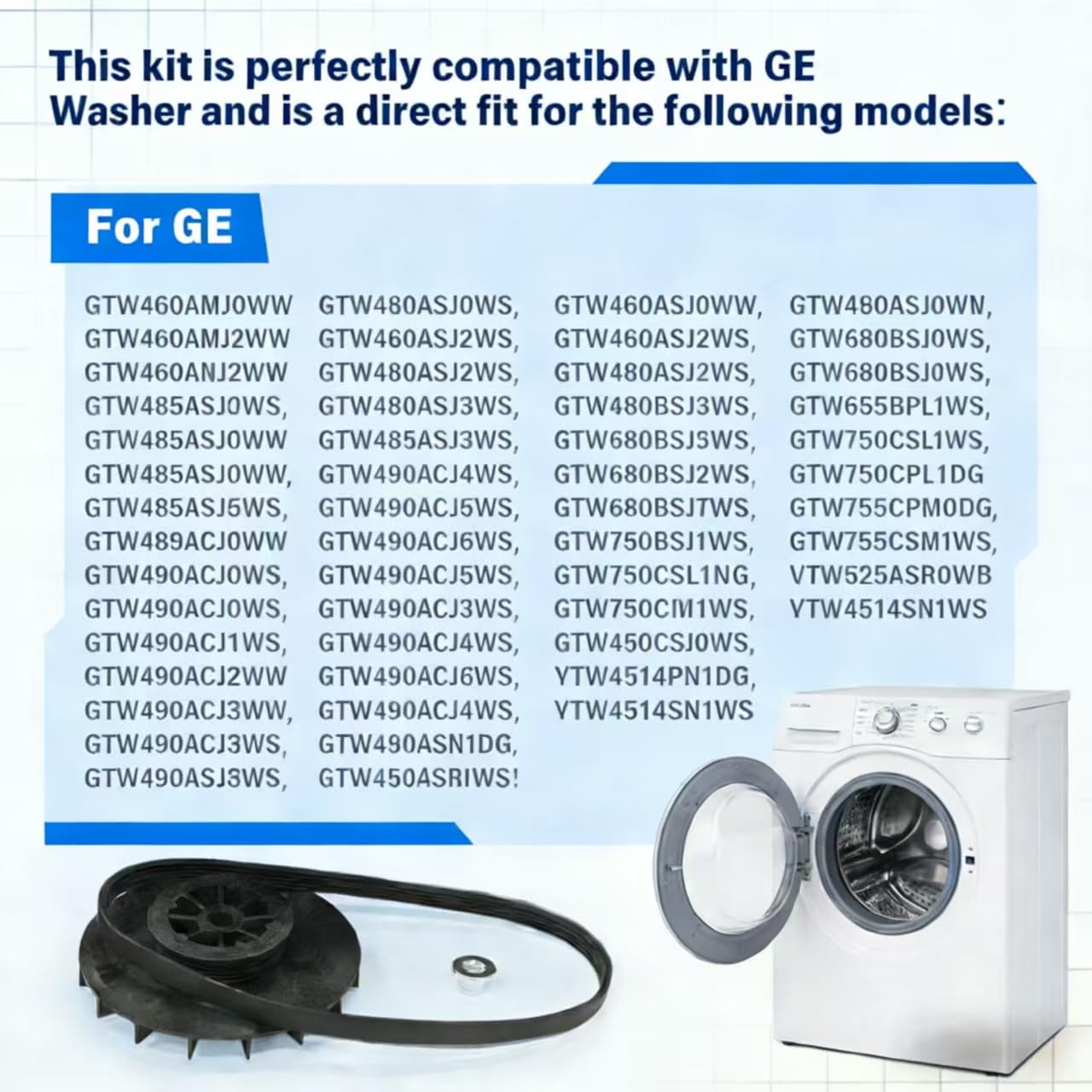 WH03X32217 1/2 HP Motor Pulley with Nut & WH01X24180 Drive Belt Compatible with GE Washer Replacement Part WH07X24182, WH49X25377, 4975025, 4455970 AP7018598, PS16554753