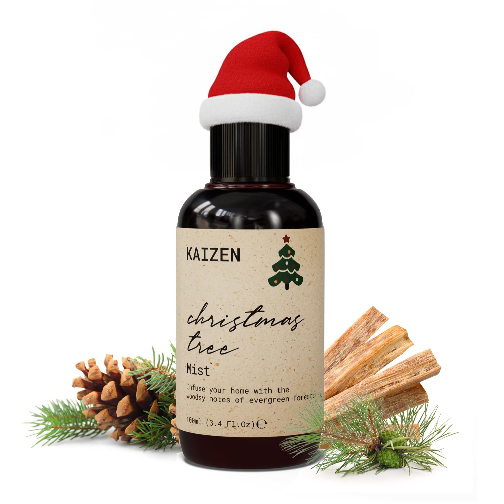 Kaizen Christmas Tree Room Spray - Pine, Spruce & Cedarwood Scent, Long-Lasting Natural Evergreen Air Freshener for Home, Artificial Trees, Garlands & Festive Décor, 100ml Safe for Kids & Pets