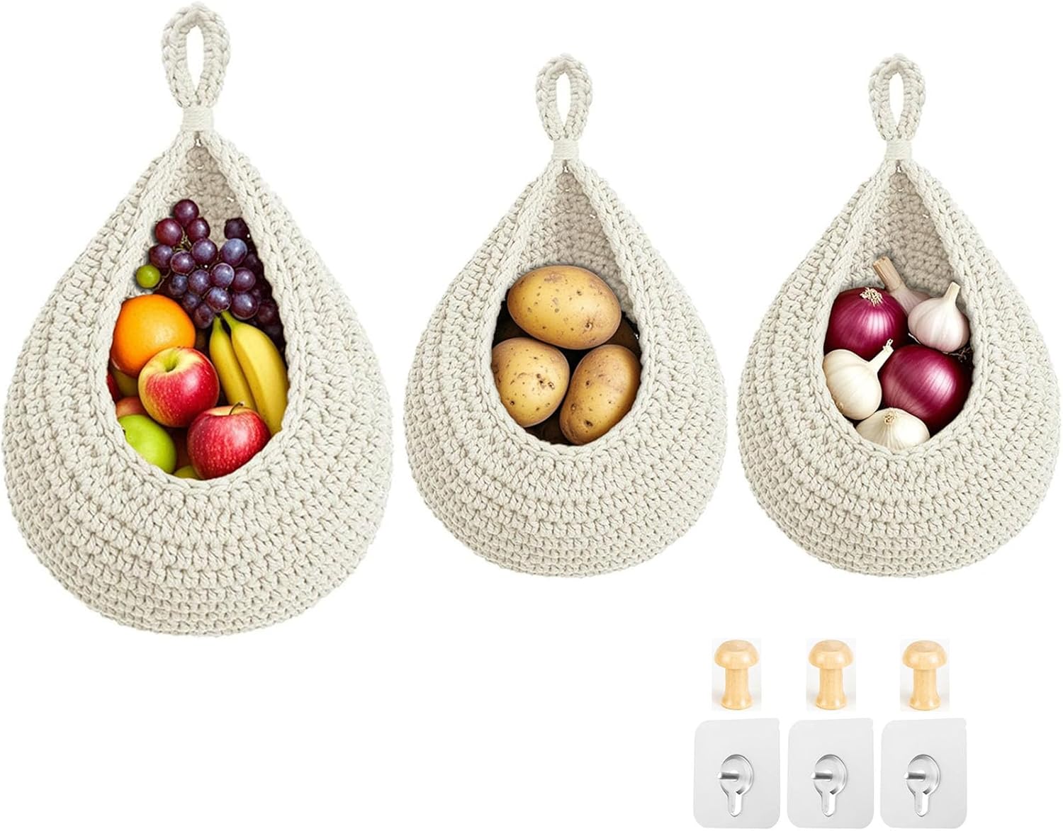 Hanging Fruit Baskets for Kitchen, 3 Pack Boho Cotton Rope Handwoven Vegetable Storage Wall Mounted Large Organizing Basket for Farmhouse Decor, Onion, Potato, Garlic and Plants (Caramel)