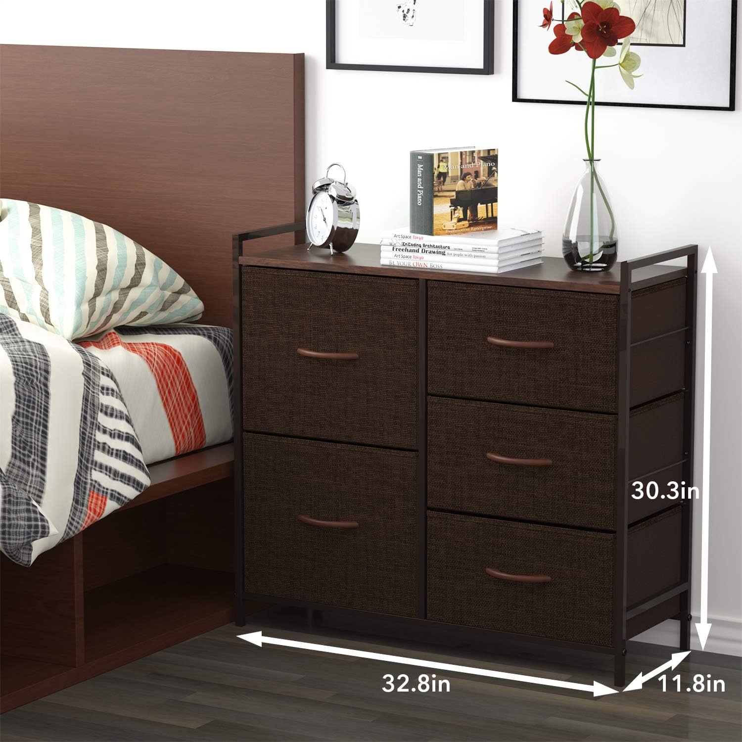 ROMOON Dresser Organizer with 5 Drawers, Fabric dresser tower for Bedroom, Hallway, Entryway, Closets - Espresso -