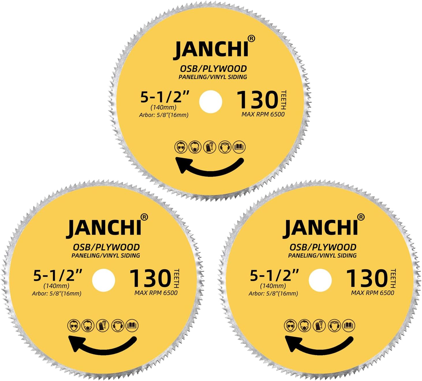 3Pack 5-1/2 Inch 130T Circular Saw Blade 5/8 Inch (16mm) Arbor, Plywood, OSB, Paneling and Vinyl Siding Fast and Smooth Cutting Saw Blade, with 5/8"-1/2" and 5/8"-3/8" Bushing