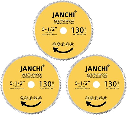 3Pack 5-1/2 Inch 130T Circular Saw Blade 5/8 Inch (16mm) Arbor, Plywood, OSB, Paneling and Vinyl Siding Fast and Smooth Cutting Saw Blade, with 5/8"-1/2" and 5/8"-3/8" Bushing