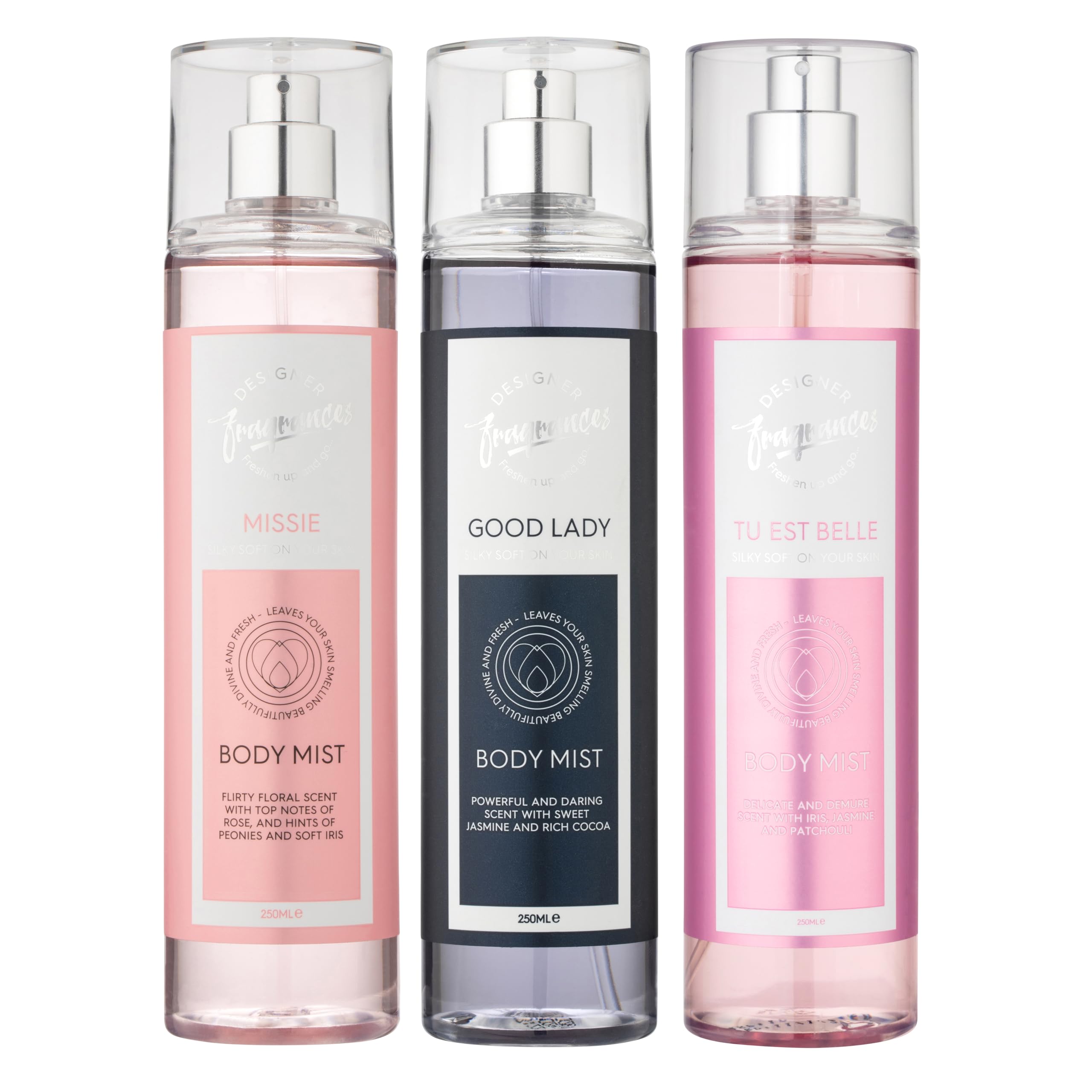 Designer Fragrances 3 Pack Assorted Bundle - Tu Est Belle - Good Lady - Missie - Women's Feminine Body Mist Sprays - For Silky Soft, Beautifully Smelling Divine & Fresh Skin, Great Gifts - 250ml