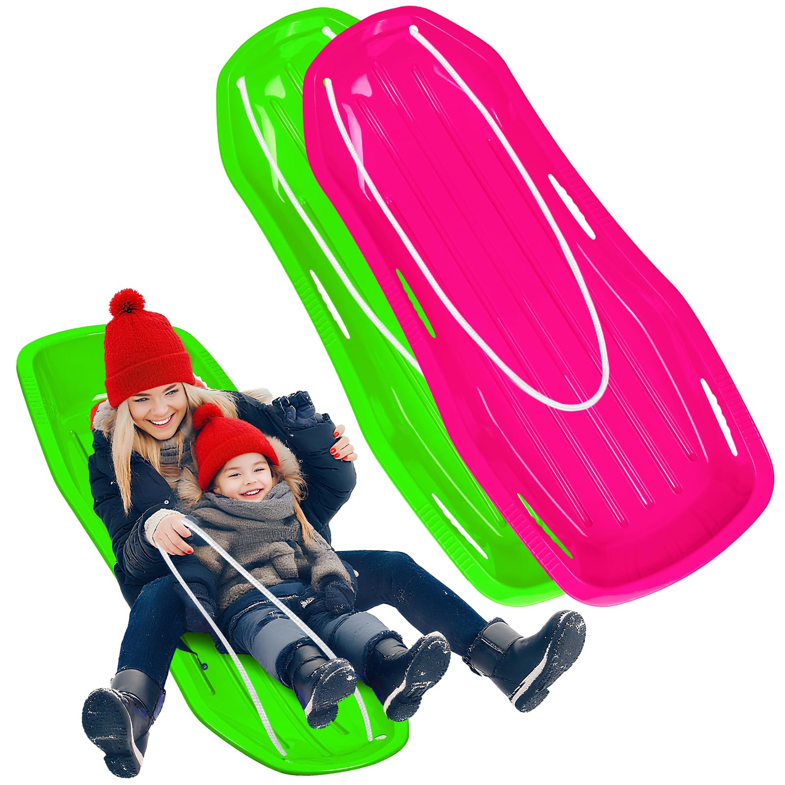 Photo 1 of 2 Pack 48” Sturdy Snow Sleds for Both Kids and Adults,Lightweight and Fast Speed Toboggan Sled with Pull Rope and Handles,Plastic Cold-Resistant Snow Slides for Toddlers and Adult Rider
