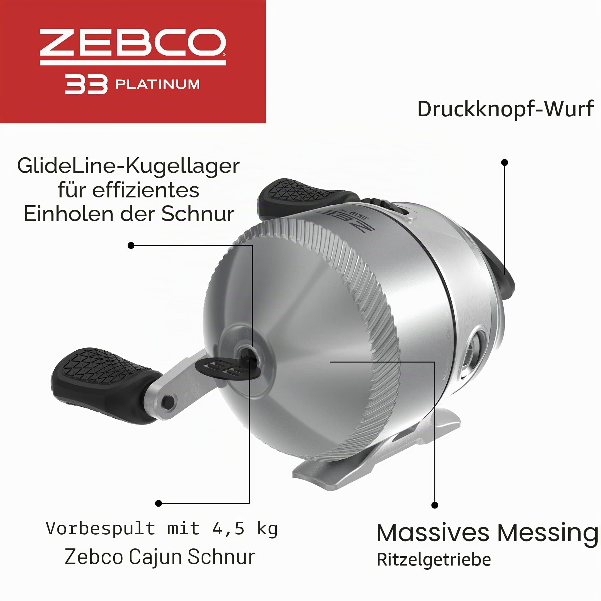 Zebco 33 Platinum Spincast Rolle, 5 Kugellager (4 + Kupplung), sofortige Rücklaufsperre mit einem leichtgängigen Einstellrad, kraftvolle Ganzmetallgetriebe und gespult mit 4,5 kg Cajun-Schnur.
