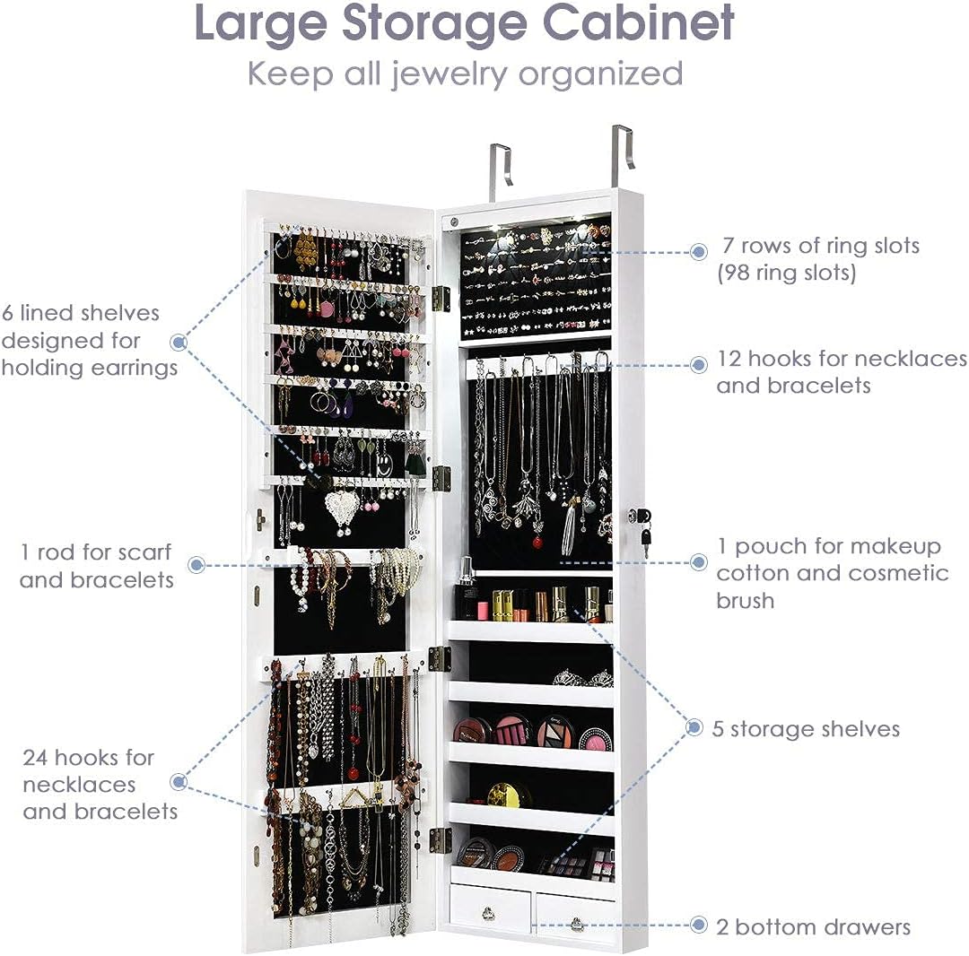 Jewelry Armoire Cabinet with Full-Length Mirror, 2 LEDs, 2 Keys, Makeup Pouch, Bracelet Rod, 2 Drawers, Wall Door Mounted, Full Screen Jewelry Cabinet for Bedroom (White)