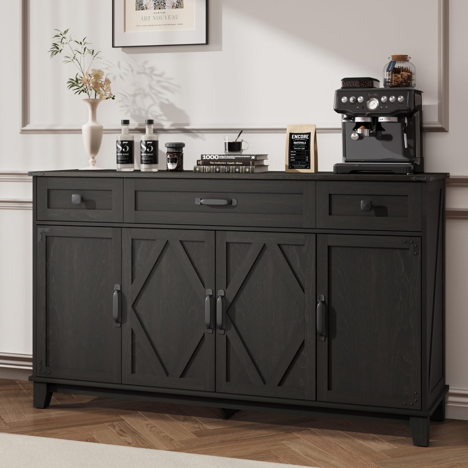 Farmhouse Buffet Cabinet with Drawers, 55" Large Sideboard Kitchen Buffet Storage Cabinet with 3 Adjustable Shelves and Doors Heightened Table Wood Coffee Bar for Kitchen Living Room, Off-White