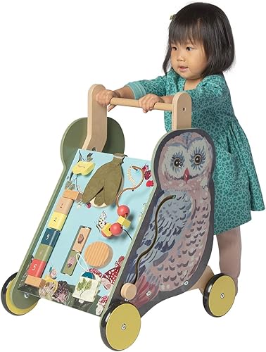 Miniatura 5 de Manhattan Toy Wildwoods Owl - Carrito de madera con clasificador de formas y cesta, ovalado dentado, hilanderos, carrera de cuentas y más mediano