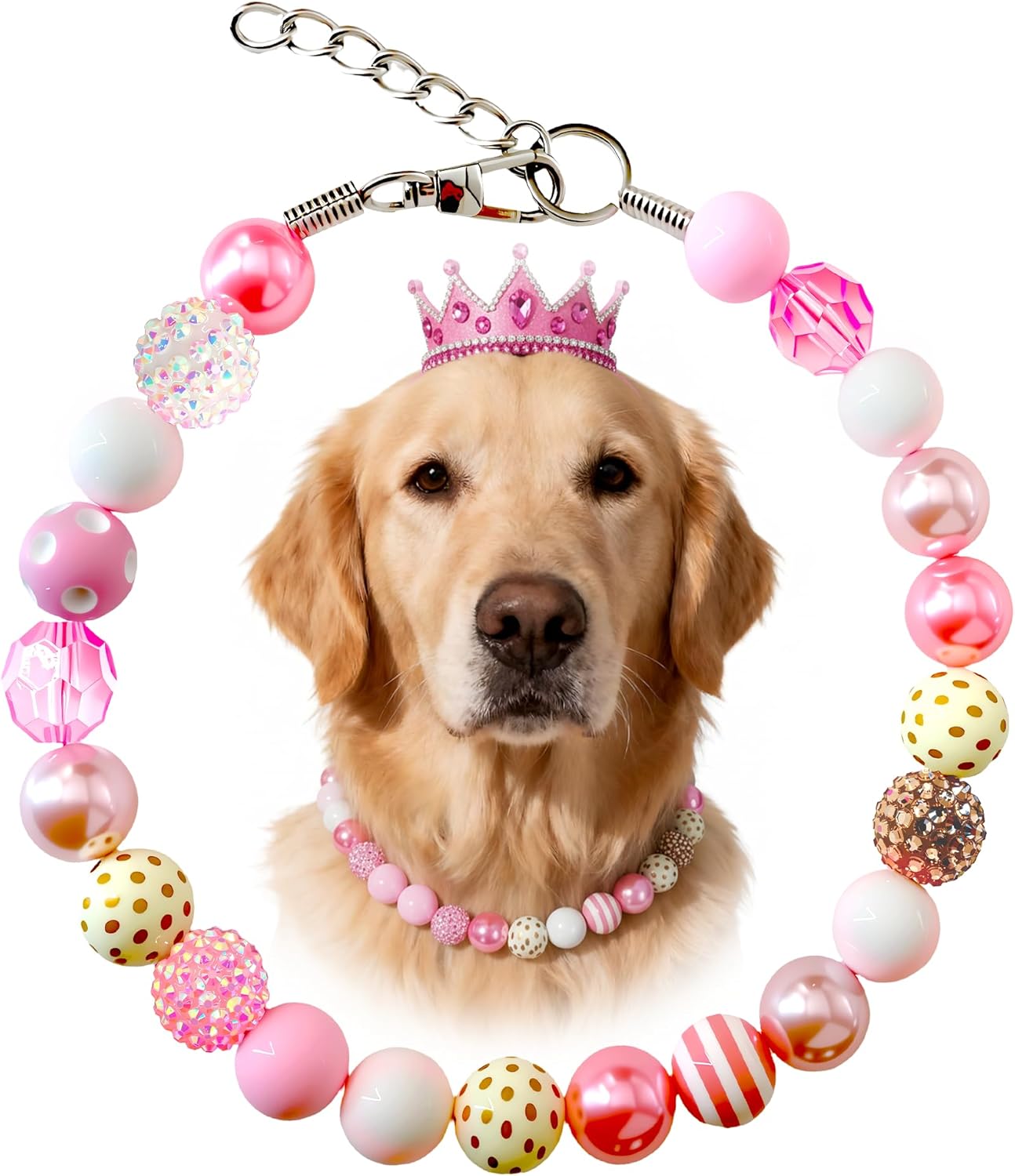 KUDES Valentine's Day Dog Collar - 20mm Chunky Bubblegum Pink Beads & Pearl Adjustable Necklace for Medium & Large Breeds, Strong Yet for Dog Moms (Pink, 2XL(20.5"-22.0"))