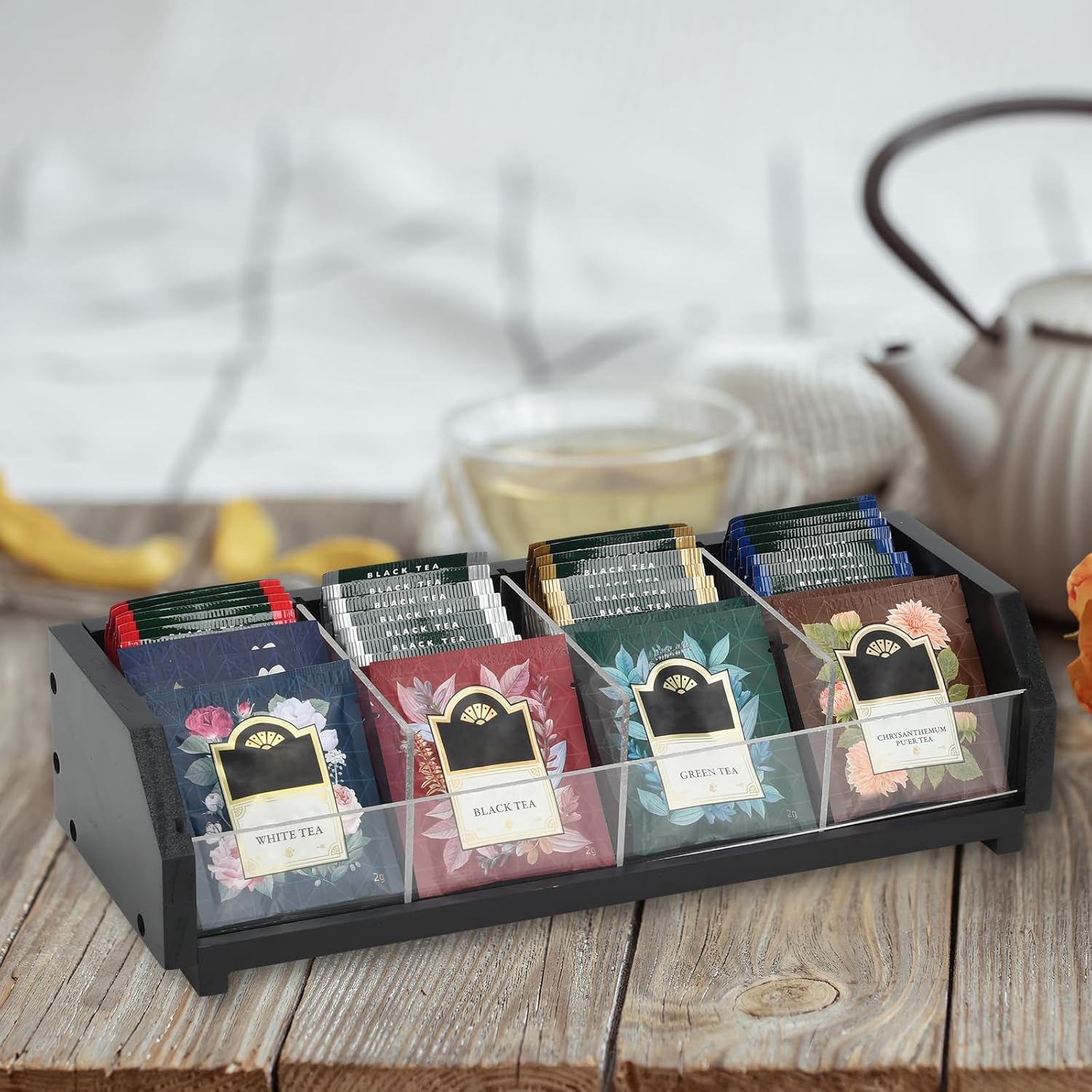 Tea Bag Storage Organizer, Natural Wood and Clear Acrylic, 4-Section Chest, 13.5x4.9x3.1 Inch, 80 Bag Capacity (Black) image 5