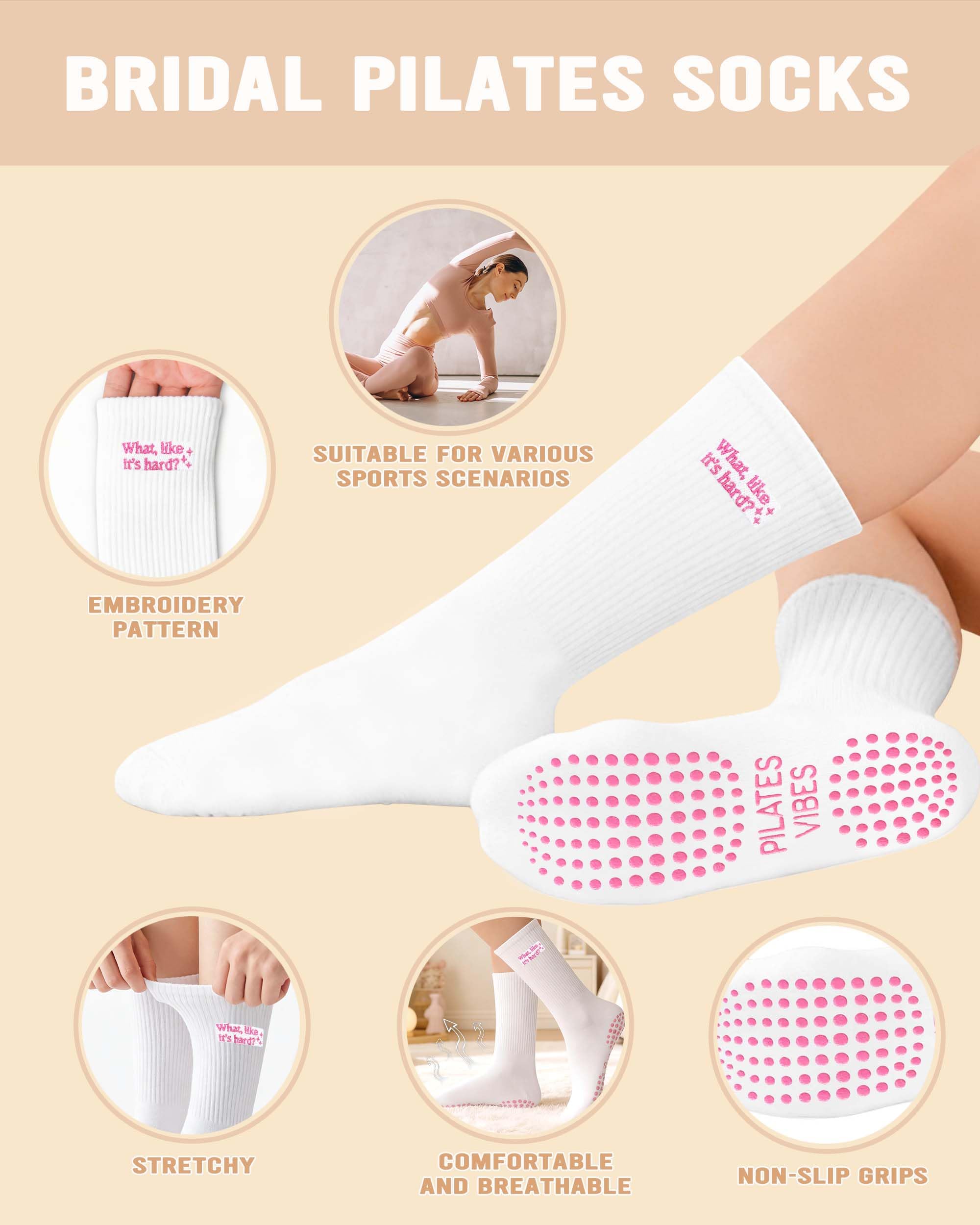 Cute Pilates Grippy Socks, Pink Pilate Gifts for Women, Crew Grip Socks for Studio Pilate.