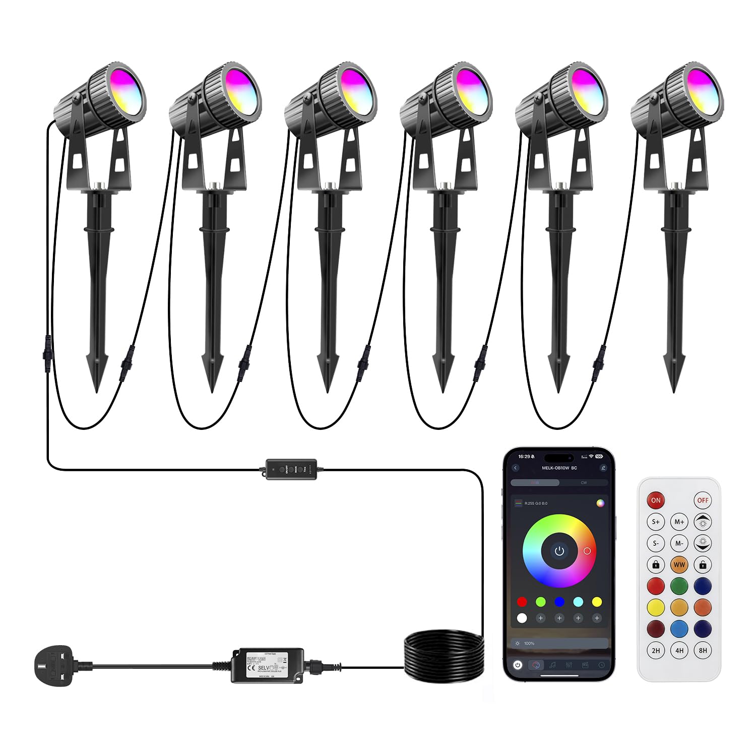 6Pack LED Garden Spike Lights Mains Powered 24V RGB + Warm White, IP65 Waterproof for Outdoor Use, 24V Garden Uplighters Bluetooth App & Remote Control, Color Changing Pathway Lights for Yard, 20M
