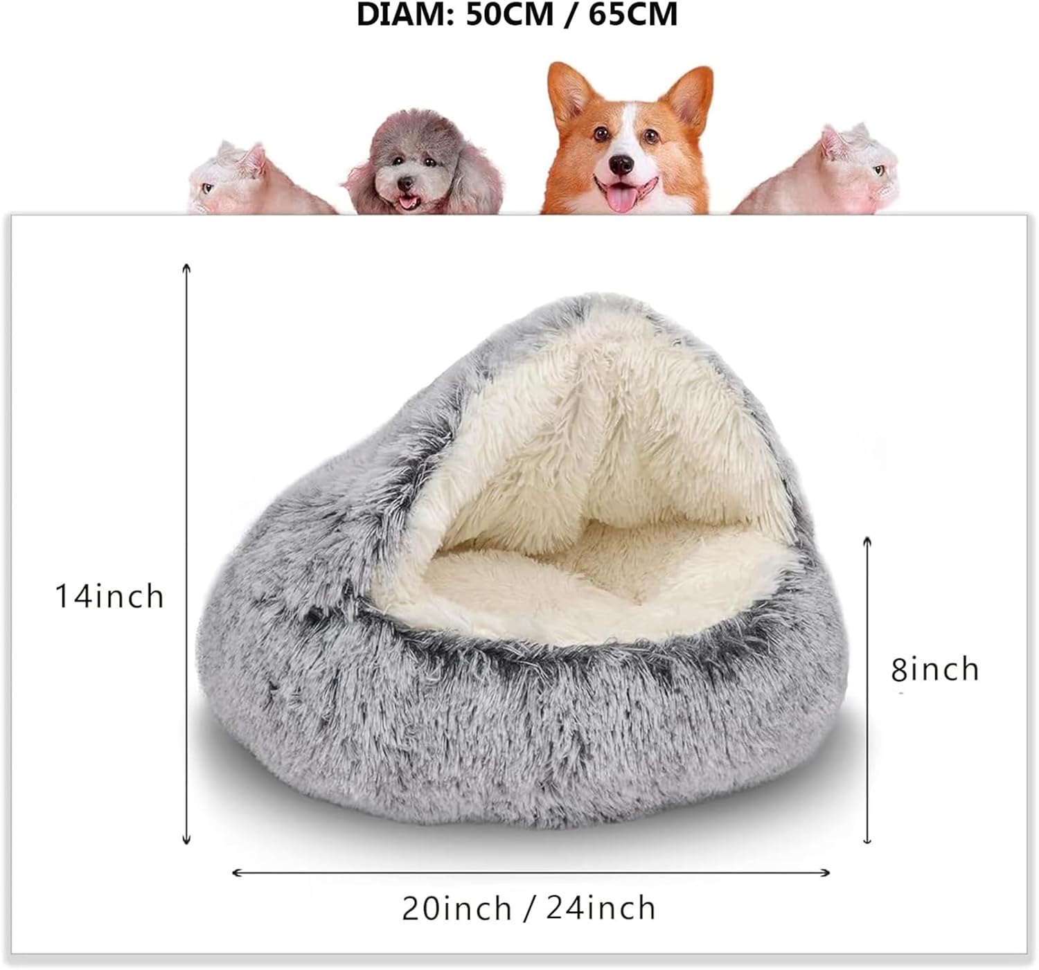 review Calming Dog Bed Covered Donut Cat Cave Bed for Indoor Cats Dogs,Fluffy Plush Puppy Cushion Pet Bed Kitten Small Dog Soft Warm Donut Cave Bed Sleeping Bag Sleeping Pillow,Grey,65cm/25.59