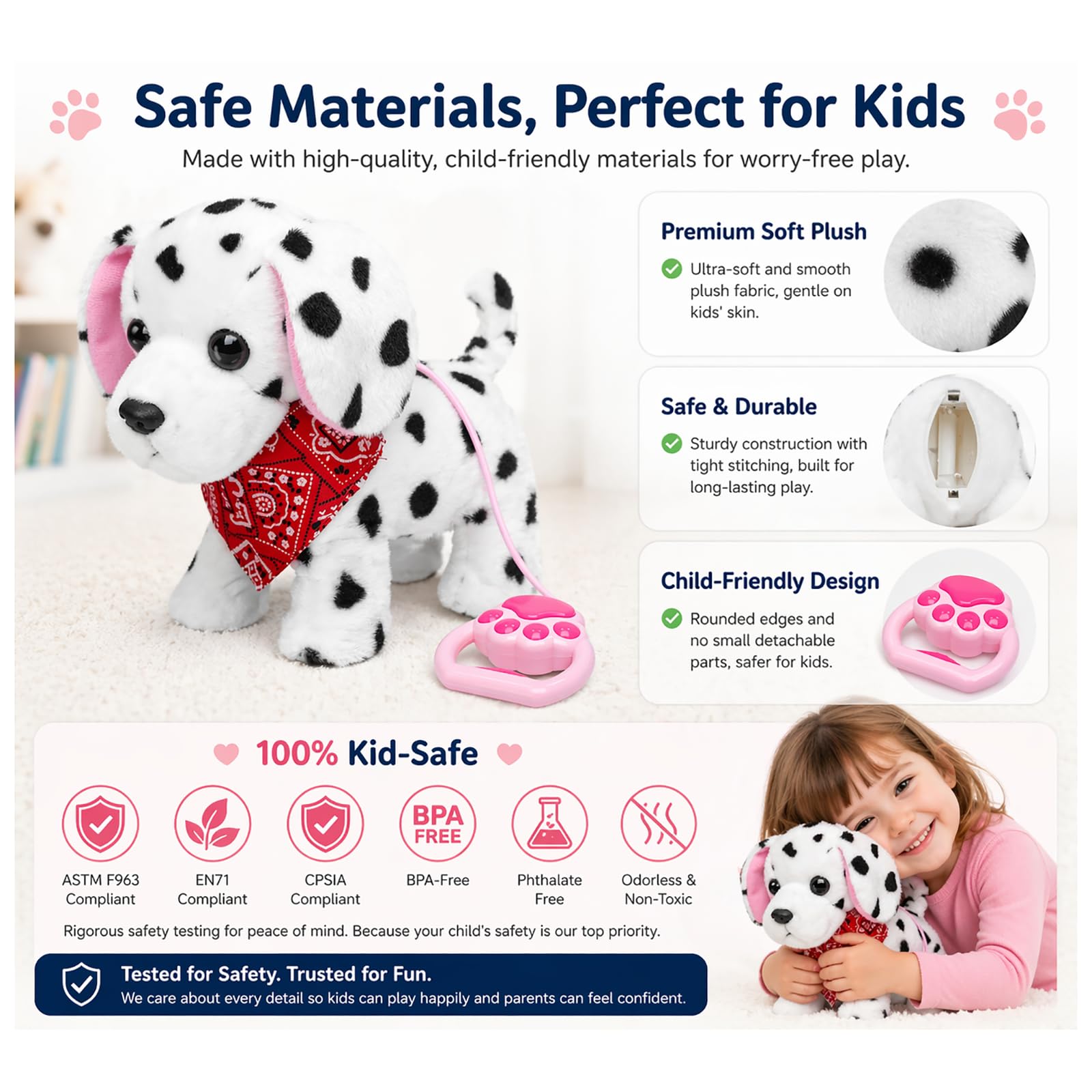 YH YUHUNG Perro Dálmata de Juguete Que Camina y Ladra, Peluche Interactivo con Correa y Pañuelo Rojo, Mascota Electrónica para Niños 3 Años+ (Dálmata)