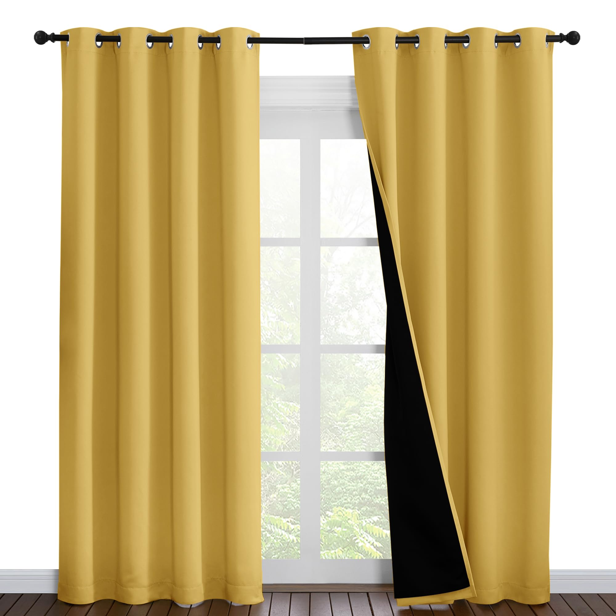 NICETOWN Bright Yellow Full Shade Curtain Panels, Pair of Energy Smart &amp; Noise Blocking Out Blackout Drapes for Dining Room Window, Thermal Insulated Guest Room Lined Window Dressing, 55 x 86 inch