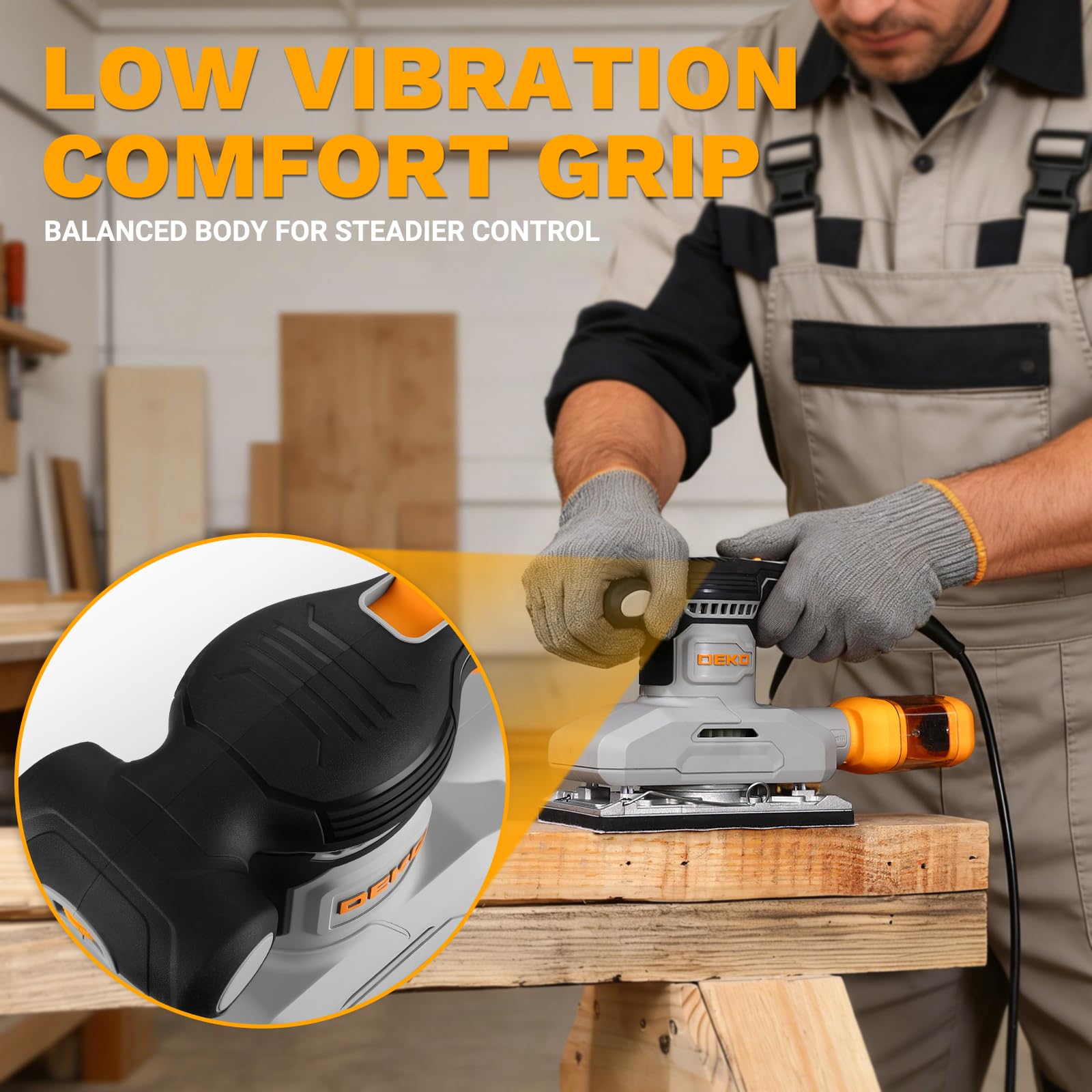 DEKOPRO Levigatrice orbitale da 280 W, 6 velocità, disco abrasivo da 90 x 187 mm, include 15 fogli abrasivi, adatta per progetti di bricolage in legno