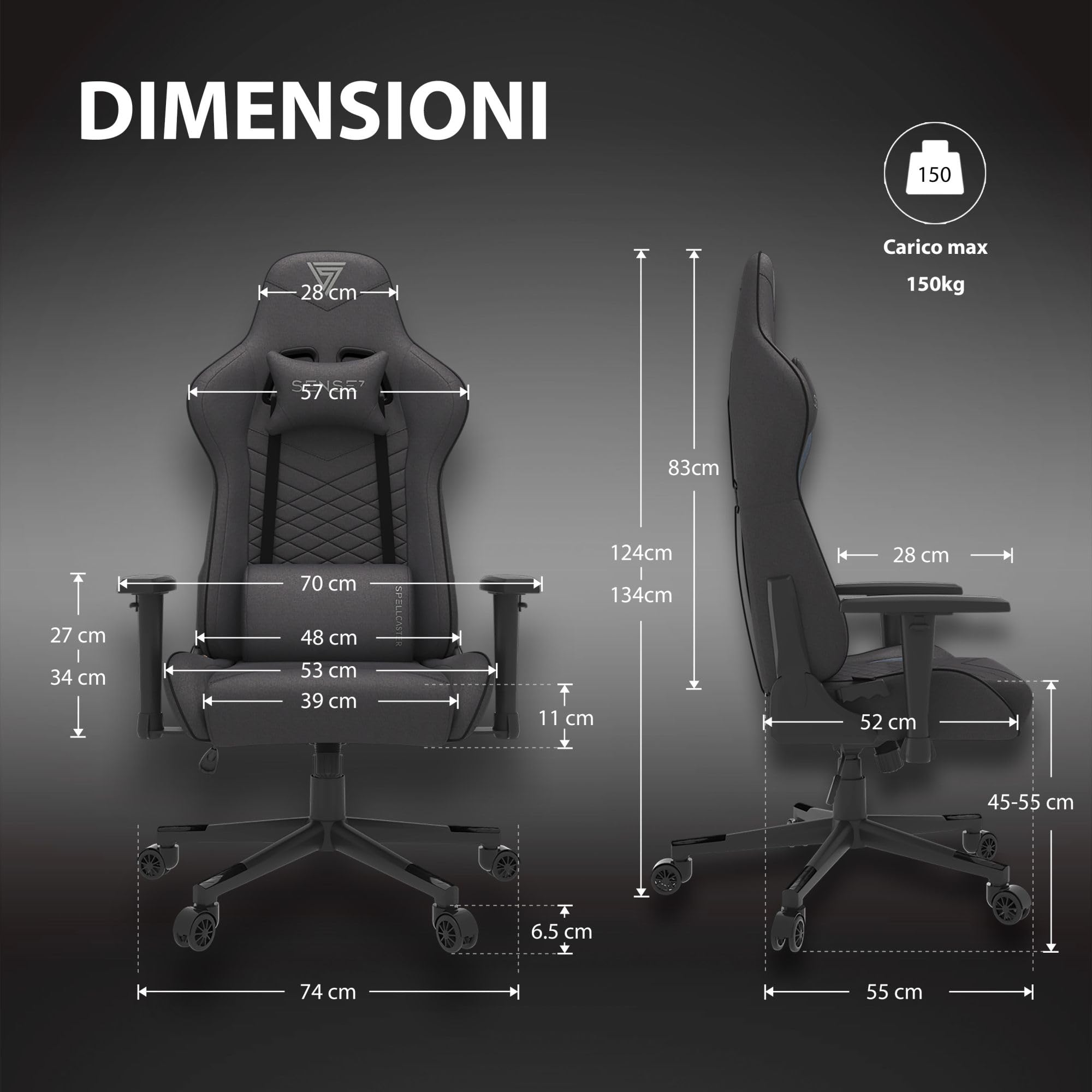 SENSE7 Poltrona da gioco Spellcaster, ergonomico con cuscini lombari regolabili, inclinazione regolabile, sedia da gioco con oscillazione, sedia da ufficio in similpelle 150kg, sedia PC nera-rossa