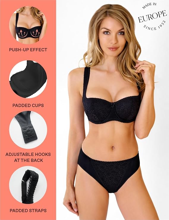 Rosme Women's Balconette Bra with Push Up Effect Plus Size Sexy Lace Demi Half Cup Bra Underwired Low Cut Mesh Bras Annija