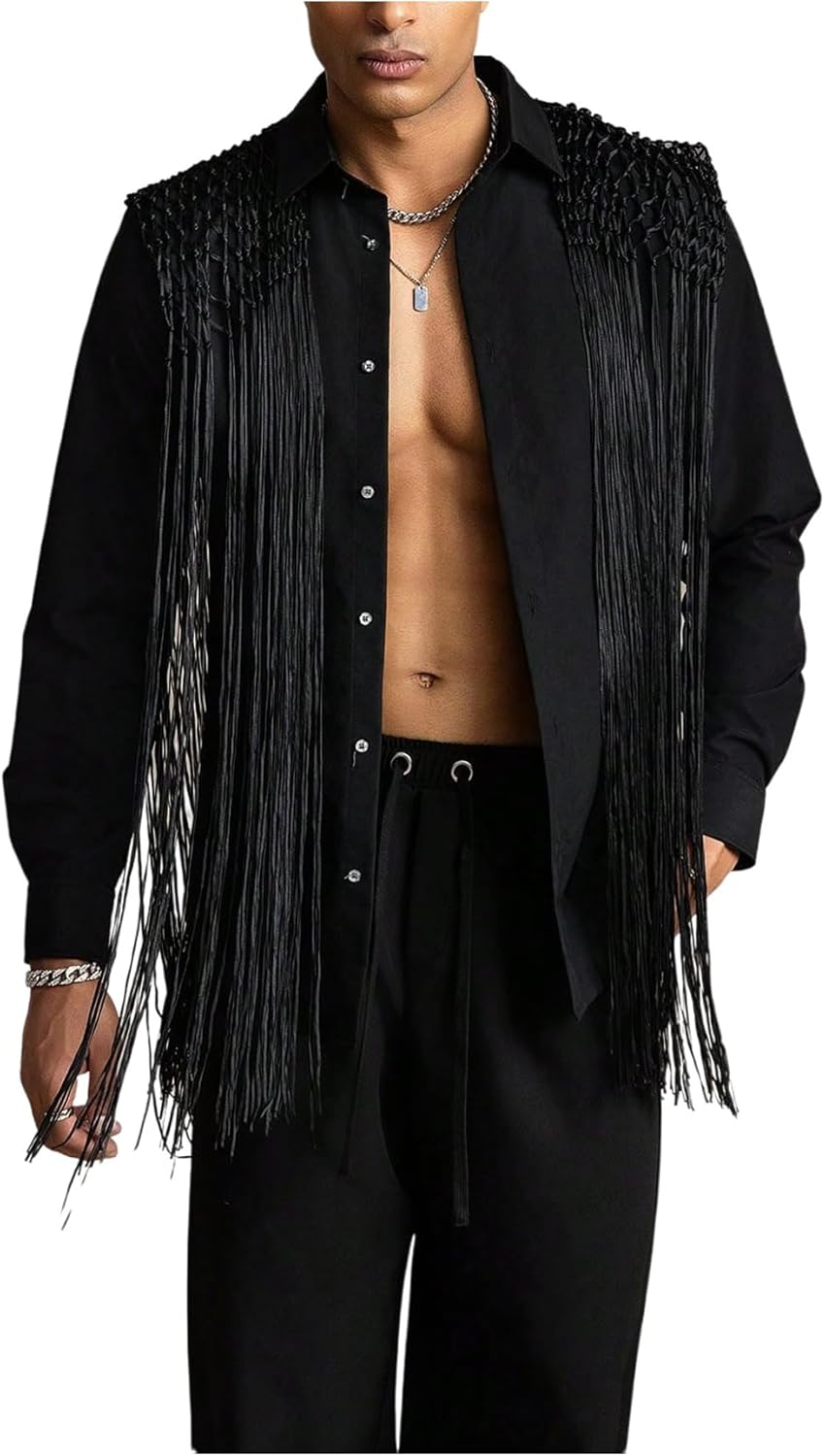 Men's Fringe Tassel Shirts Fringe Button Down Long Sleeve Party Disco Rave Shirt