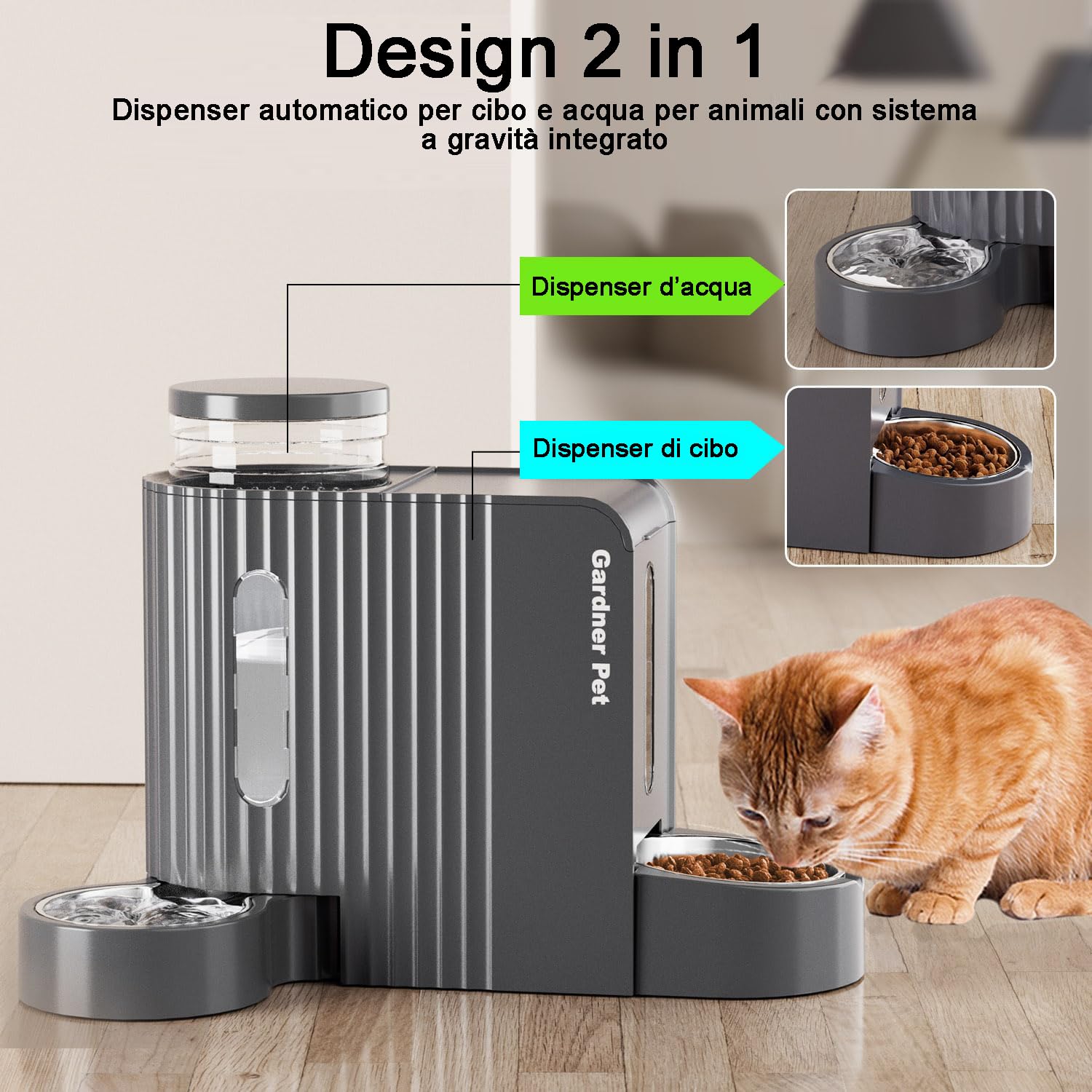Gardner Pet 2 in 1 Distributore Automatico Cibo e Acqua Gatti (3L*2), Distributore Automatico Cibo Gatti con Ciotola in Acciaio Inox, GravitÀ Dispenser Crocchette Gatto, Senza BPA, Grigio Scuro