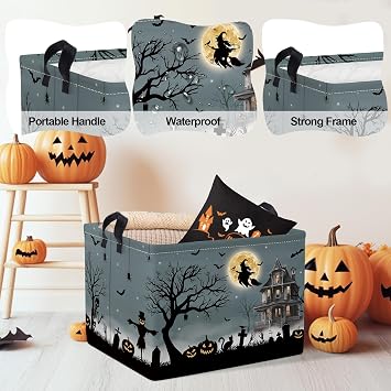 Clastyle Halloween Pumpkin Storage Basket Kid Spooky Book Gift Basket Empty Outdoor Graveyard Jack-o-lantern Boo Bin Baby Nursery Clothes Hamper Toy Box,Witch Bat,40 * 30 * 30 cm