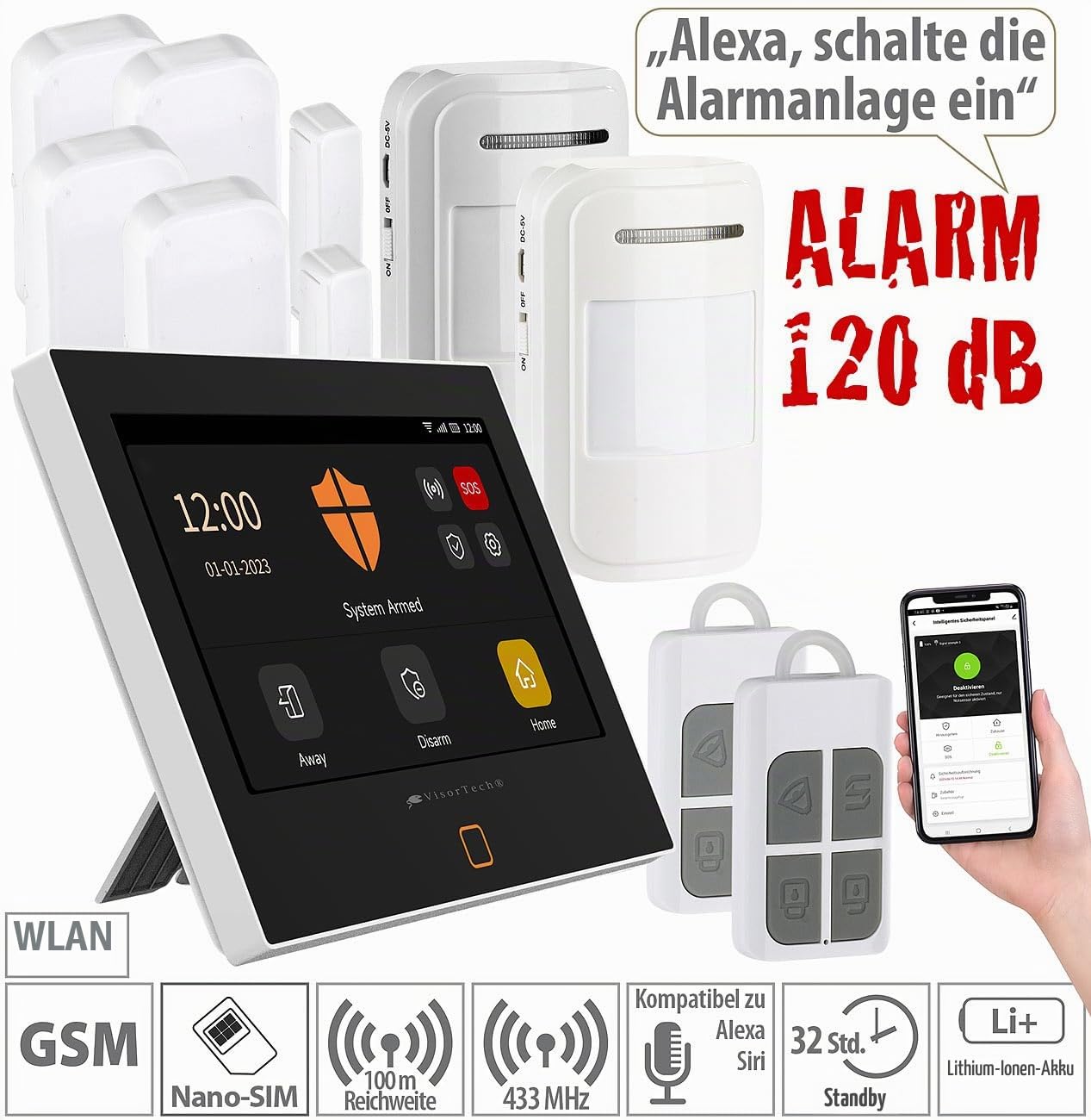 VisorTech Alarmsystem: 9-teiliges WLAN/4G-Alarmanlage-Set mit 2 Fernbedienungen & 6 Sensoren (Hausalarmanlagen, Alarmanlage Haus Funk, Wohnwagen)