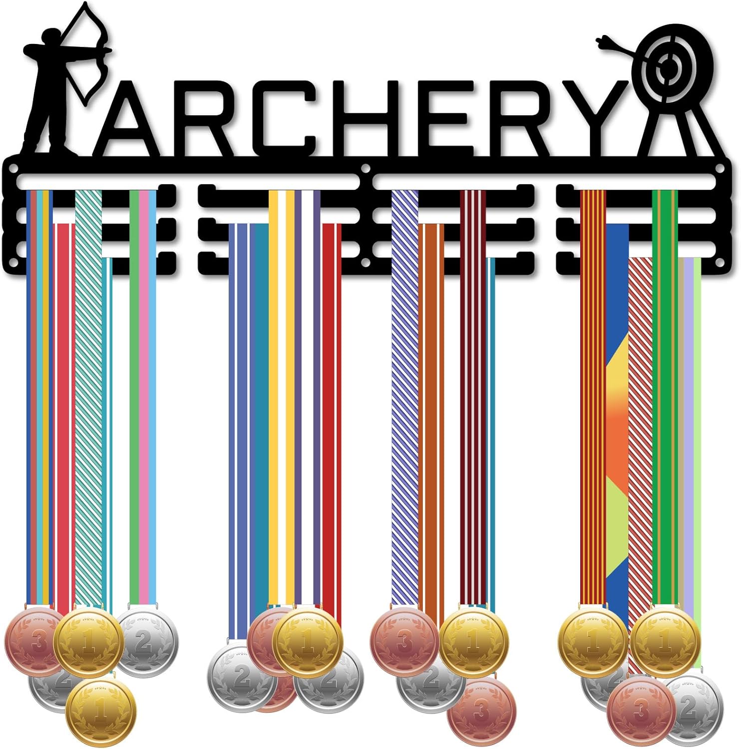 CREATCABIN Archery Medal Holder Sports Medal Hanger Display Bow and Arrow Iron Hooks Rack Frame Wall Mounted Hanging over 60+ Medals for Medalist Runner Gymnastics Marathon Athlete Gift 15.7 x 5.9Inch