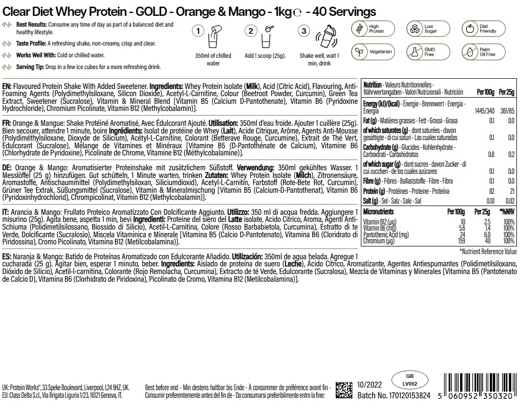 Protein Works | Clear Diet Whey Protein - Gold, Orange & Mangue, 1kg | Isolat de Whey Hydrolysé, Poudre de Whey, Ultra Pur, Vitamines B6 & B12, Boisson Protéinée Rafraîchissante, 40 Portions